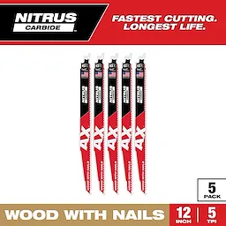 Five NITRUS Carbide 12" 5 TPI AX w/NITRUS Carbide Teeth SAWZALL Blades for Wood with Nails displayed vertically, packaged as a 5 pack.