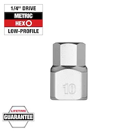 1/4" Drive 10mm Low-Profile Hex Bit Socket, featuring a lifetime guarantee label and specifications: metric hex, low-profile.
