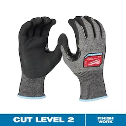 Cut Level 2 High-Dexterity Nitrile Dipped Gloves shown front and back, with grey fabric and black rubber palms. ANSI Cut Level A2 label.
