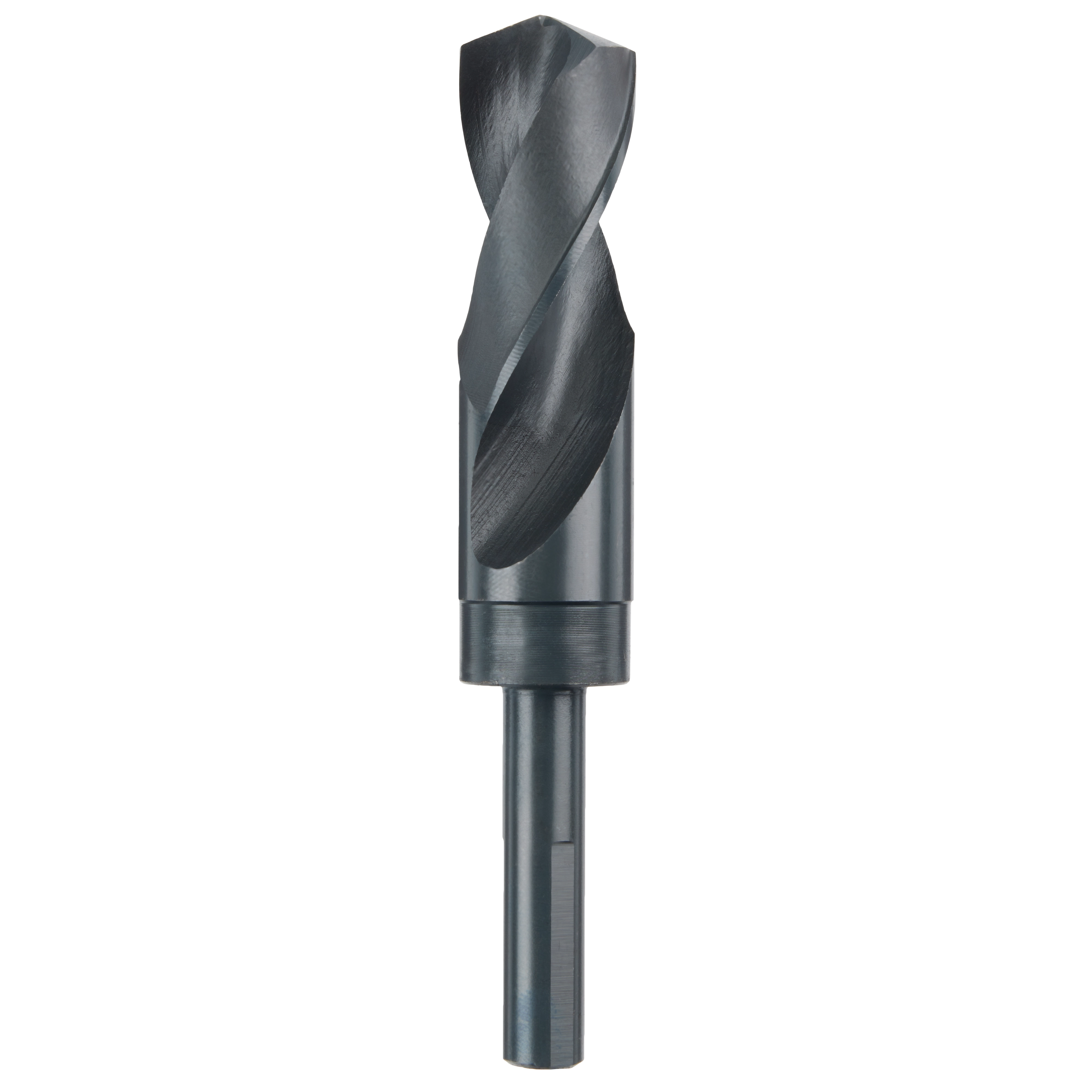1-1/16" S&D black oxide drill bit featuring a spiral design for increased cutting efficiency and a sturdy hex shank.