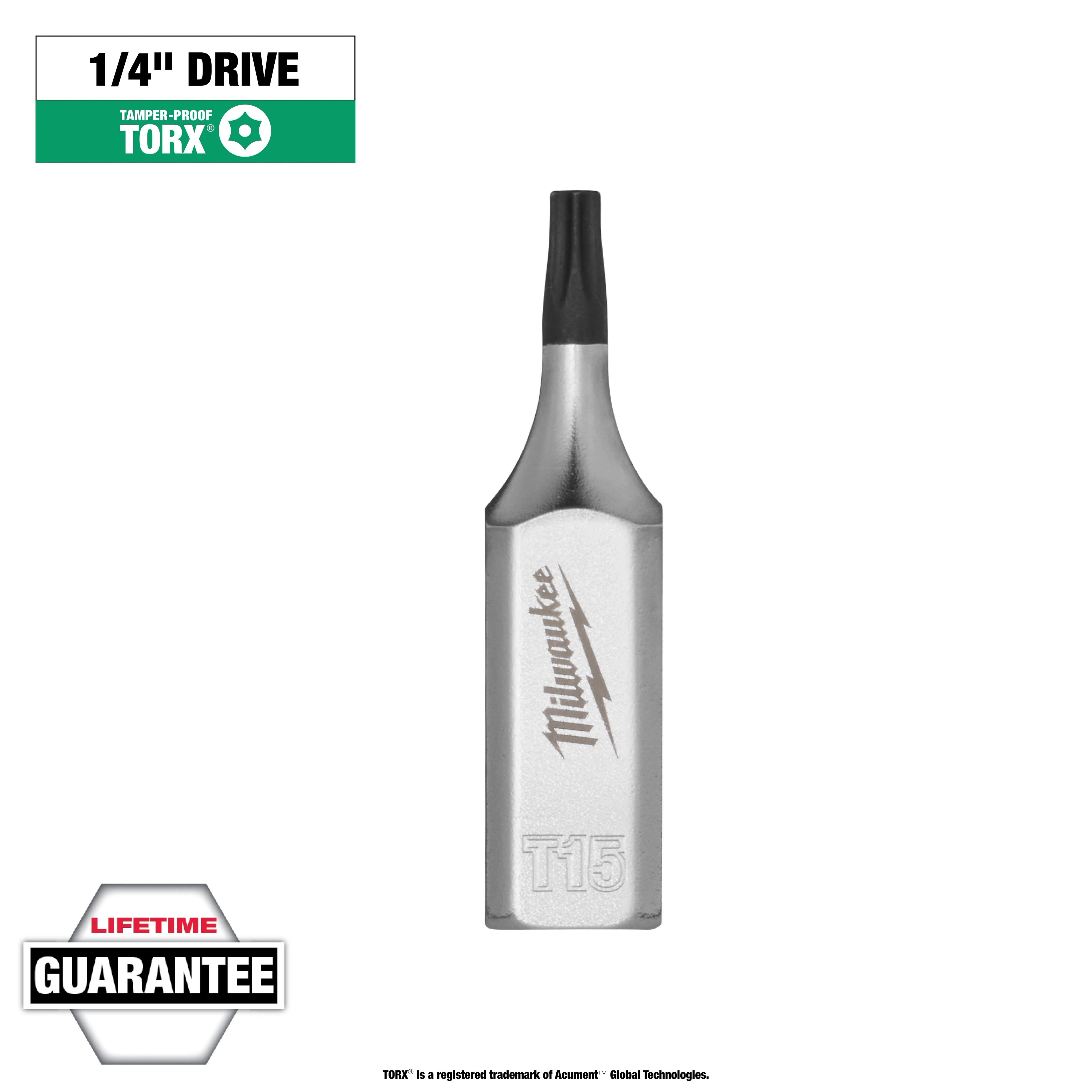 1/4" Drive T15 Tamper Proof TORX Bit Socket with a slim, metallic silver design and black tip, offering a lifetime guarantee.