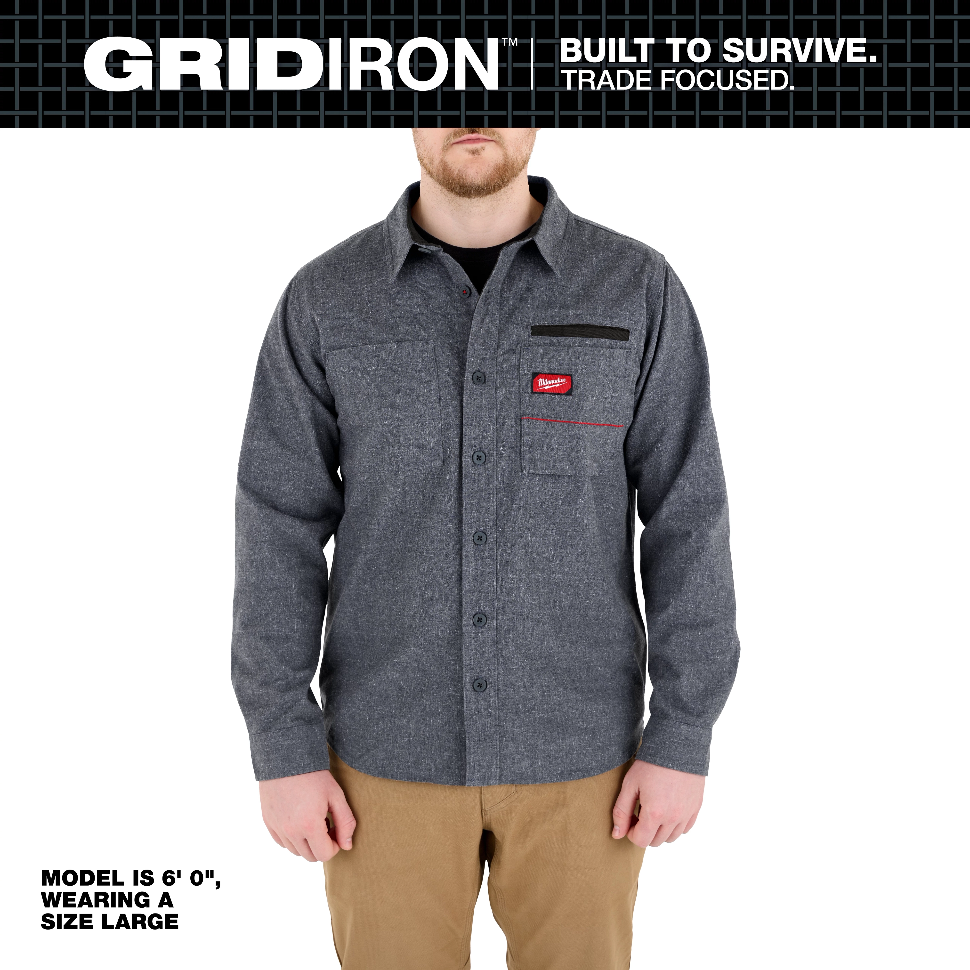 Person wearing a gray GRIDIRON Flannel Shirt with button front and chest pockets against a white background.