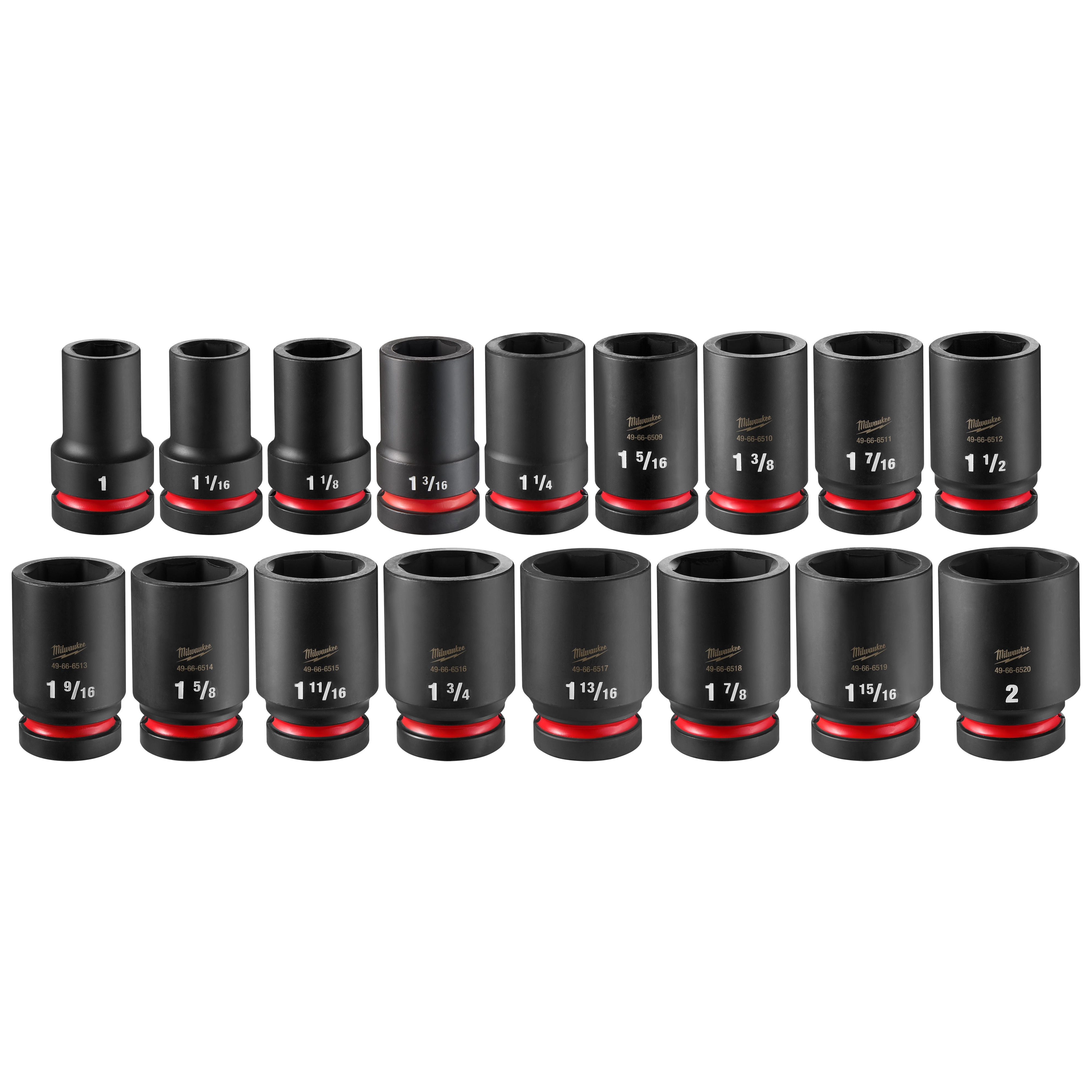 17-piece set of black deep sockets with red rings at the base, labeled in inch sizes. Labeled 17PC SHOCKWAVE Impact Duty 1" Drive SAE Deep Socket Set with PACKOUT.