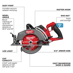 Milwaukee M18 FUEL 7-1/4" Rear Handle Circular Saw w/ ONE-KEY. Features include bevel angle, LED light, and dust port.