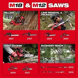 M18 FUEL and M12 saws including M18 FUEL 16" Chainsaw, pole saws, and HATCHET pruning saws displayed for cutting tasks.