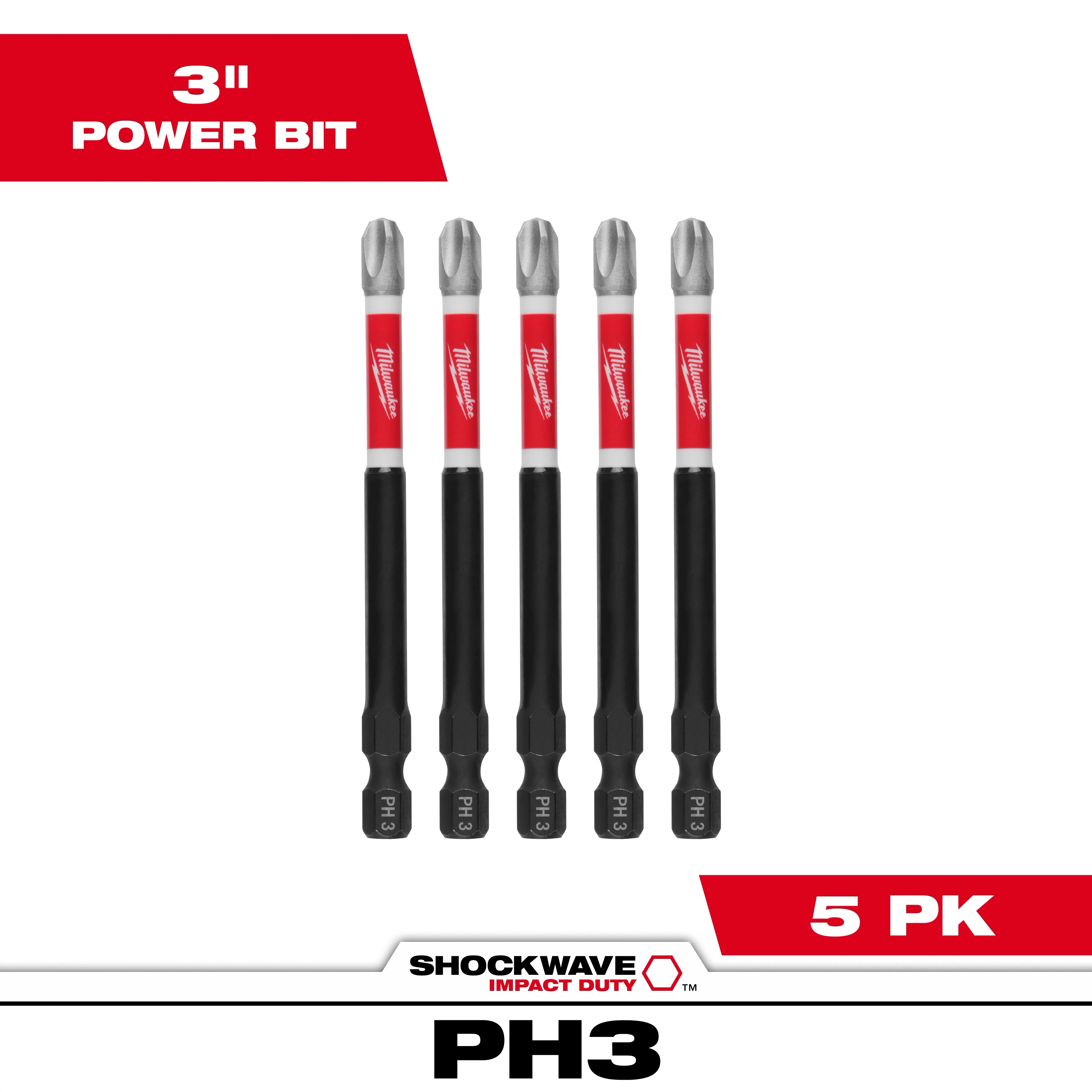Image of five SHOCKWAVE Impact Duty 3" Phillips #3 Power Bits. The power bits are black with a red and white branding section and have "PH3" written near the base. The packaging indicates this set is a five-pack.