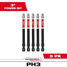 Image of five SHOCKWAVE Impact Duty 3" Phillips #3 Power Bits. The power bits are black with a red and white branding section and have "PH3" written near the base. The packaging indicates this set is a five-pack.