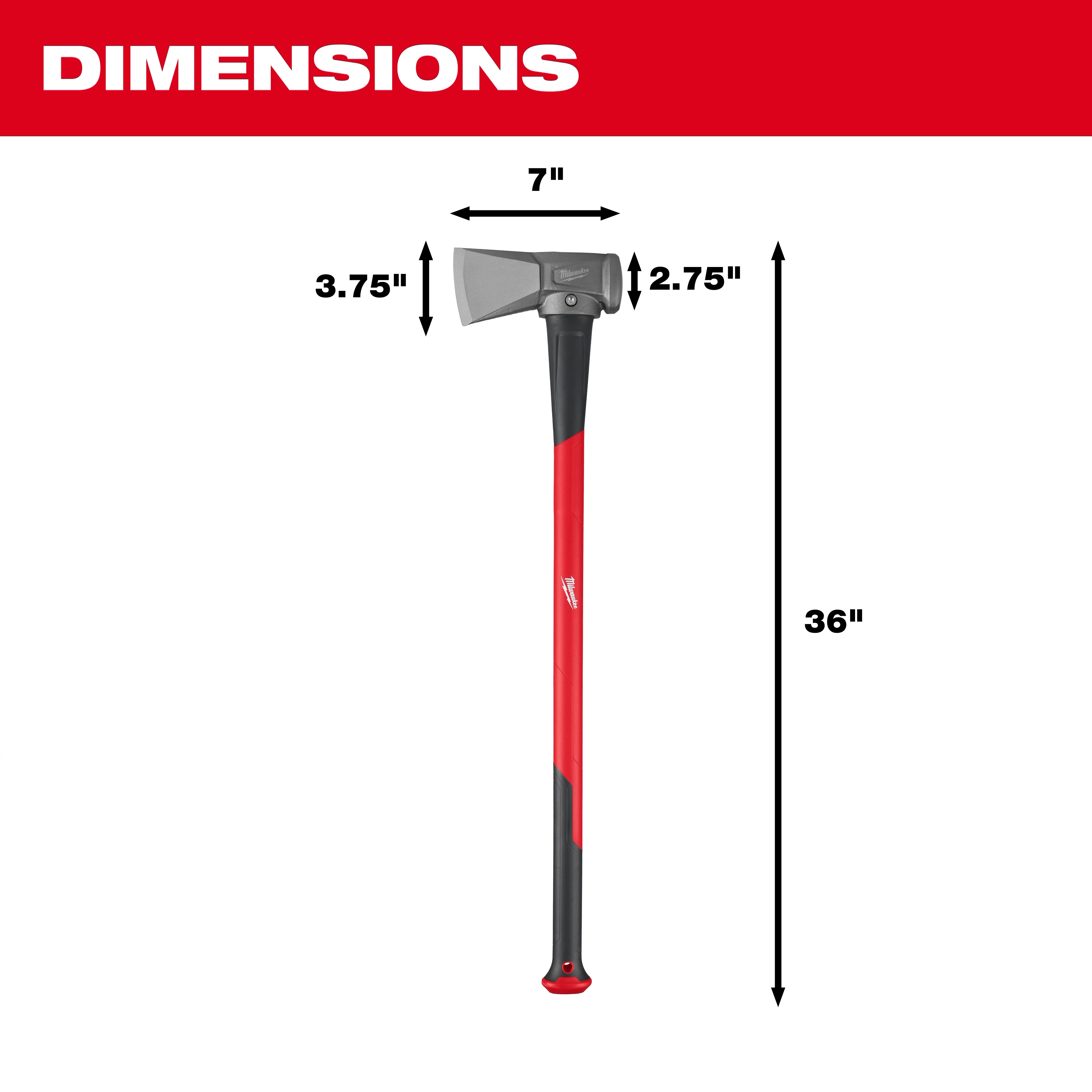 8lb Splitting Maul with a 36" handle length, 7" wide head, and 3.75" head height, suitable for heavy-duty wood splitting.