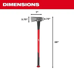 8lb Splitting Maul with a 36" handle length, 7" wide head, and 3.75" head height, suitable for heavy-duty wood splitting.