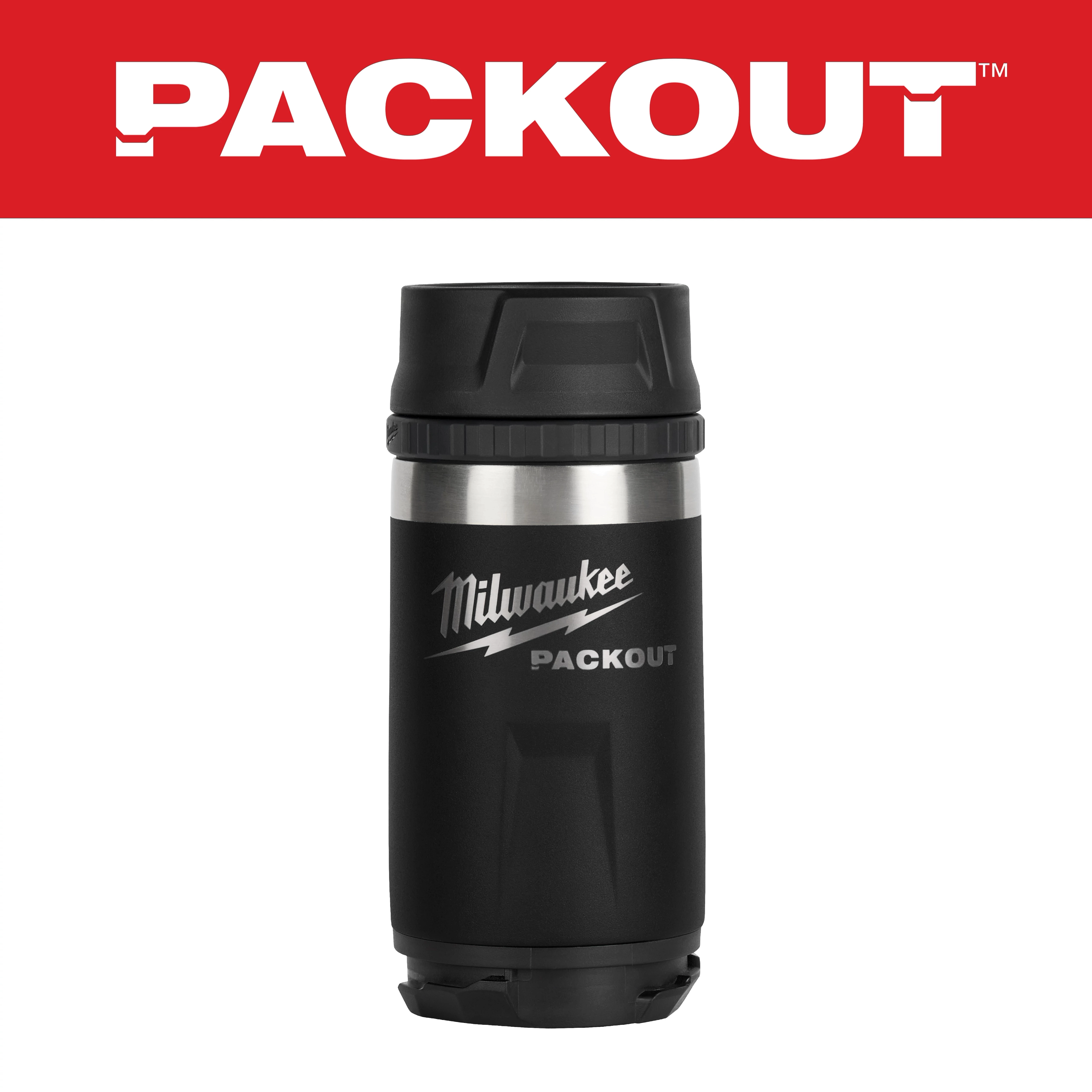 PACKOUT 12oz Insulated Bottle with Sip Lid in black and stainless steel, featuring logo on the front, under a red PACKOUT banner.