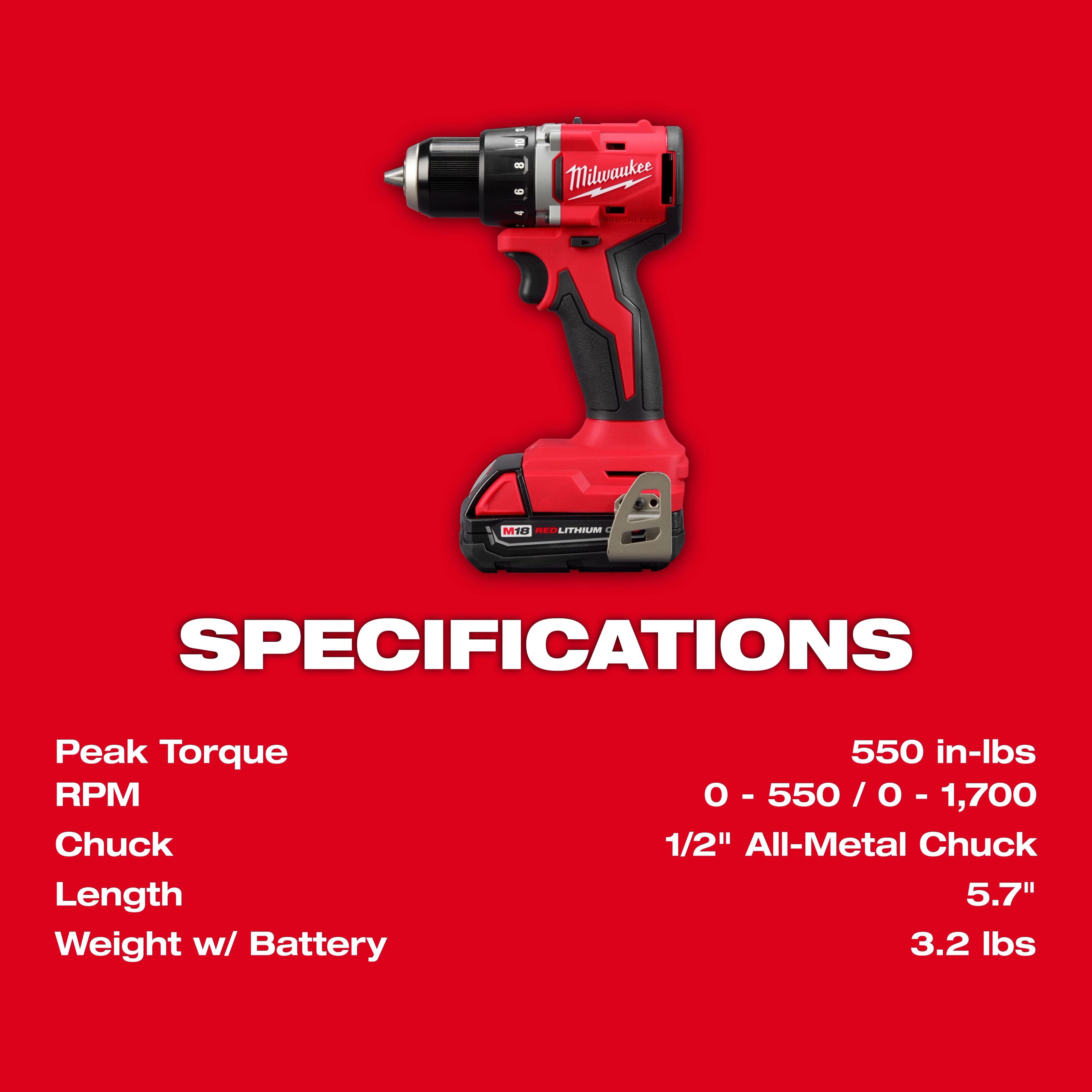 Red M18 Compact Brushless 1/2" Drill/Driver Kit against a red background. Specifications listed include 550 in-lbs torque and 3.2 lbs weight with battery.