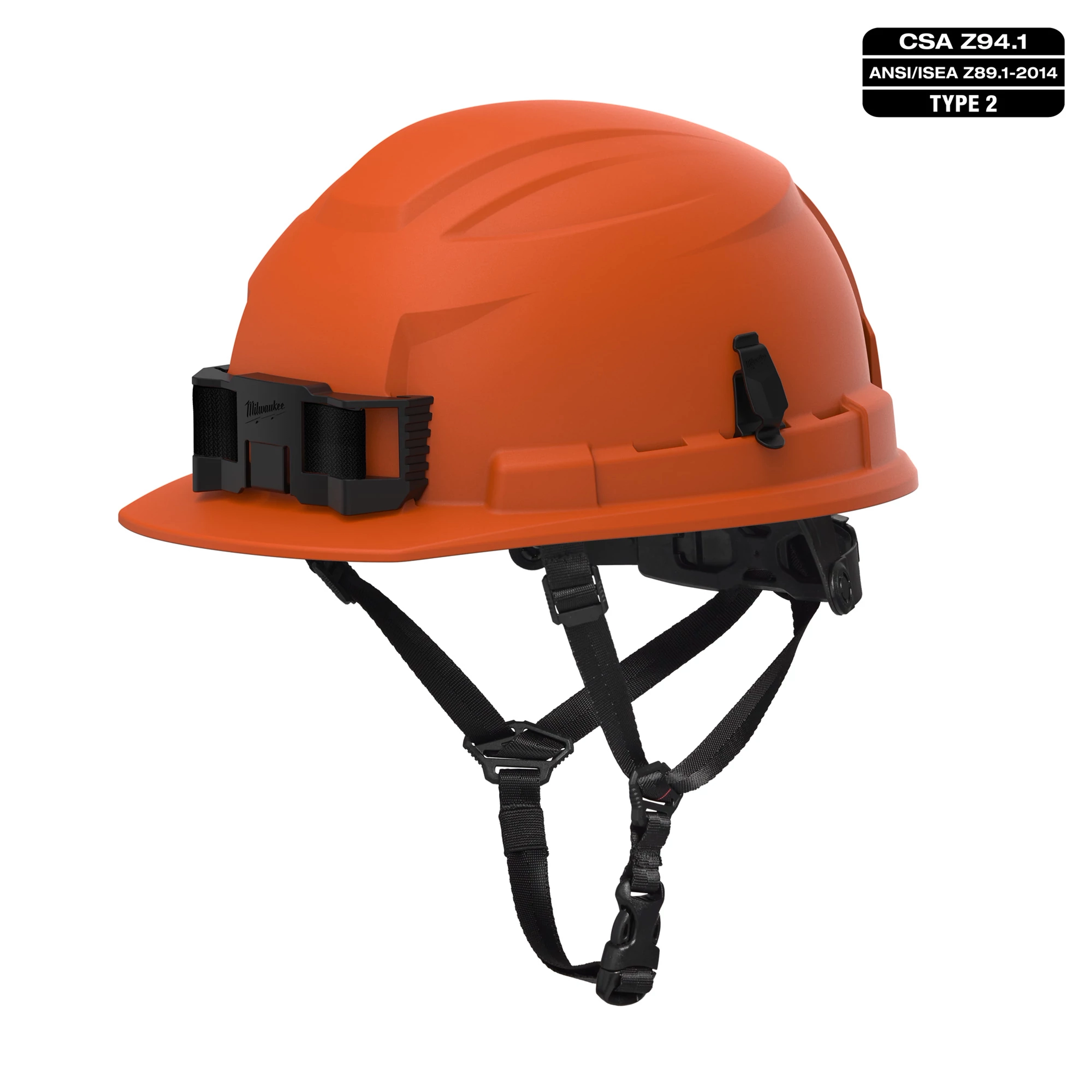 BOLT Safety Orange Front Brim Safety Helmet features a 4-point ratcheting suspension. Complies with CSA Z94.1 Type 2 Class E.