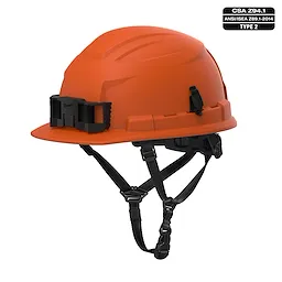BOLT Safety Orange Front Brim Safety Helmet features a 4-point ratcheting suspension. Complies with CSA Z94.1 Type 2 Class E.