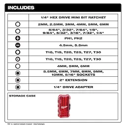 44pc. 1/4” Hex Drive Mini Flex Head Ratchet & Bit Set list of included bits and a compact storage case.