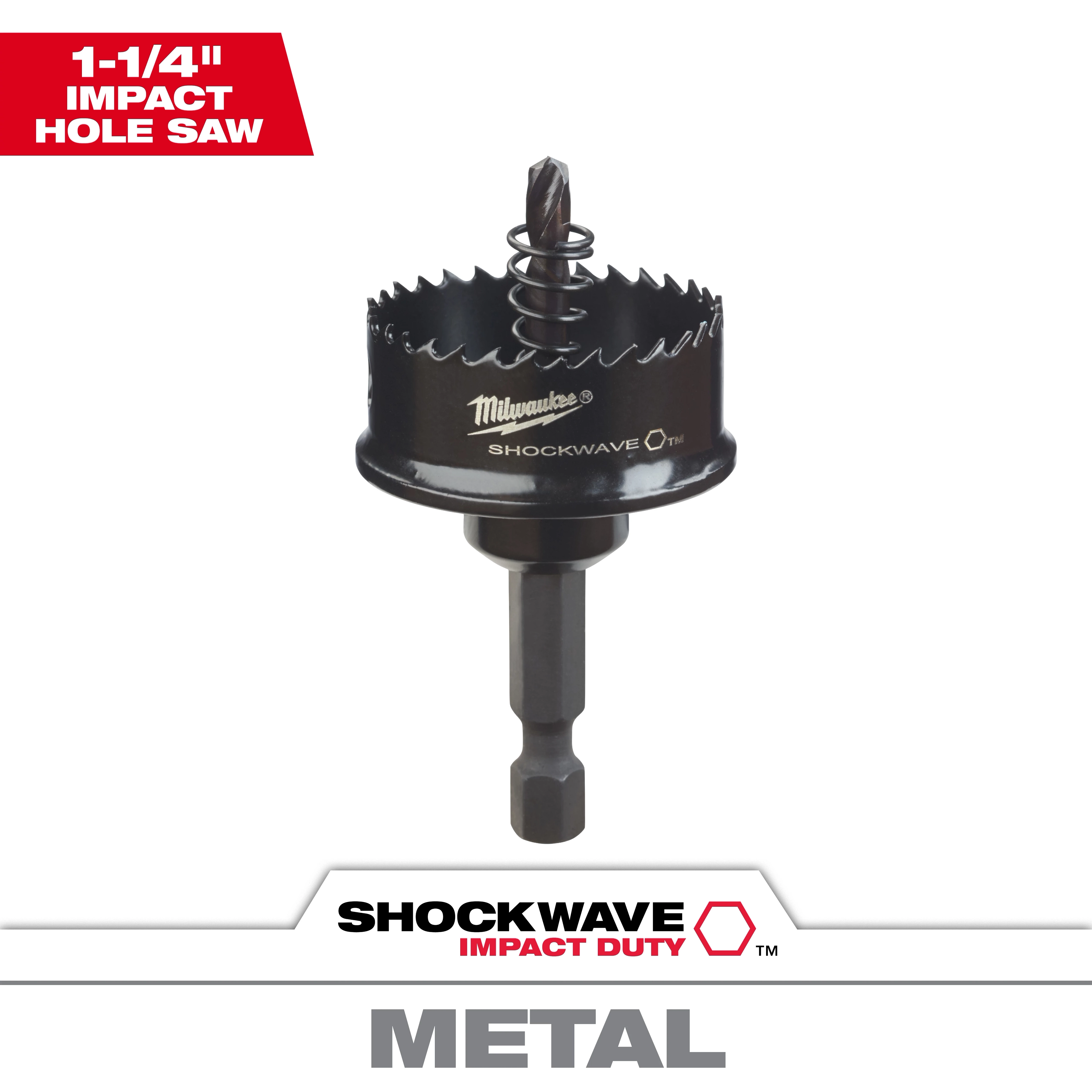 1-1/4" Impact SHOCKWAVE Hole Saw for cutting through metal, featuring a hex shank and black coating with visible branding.
