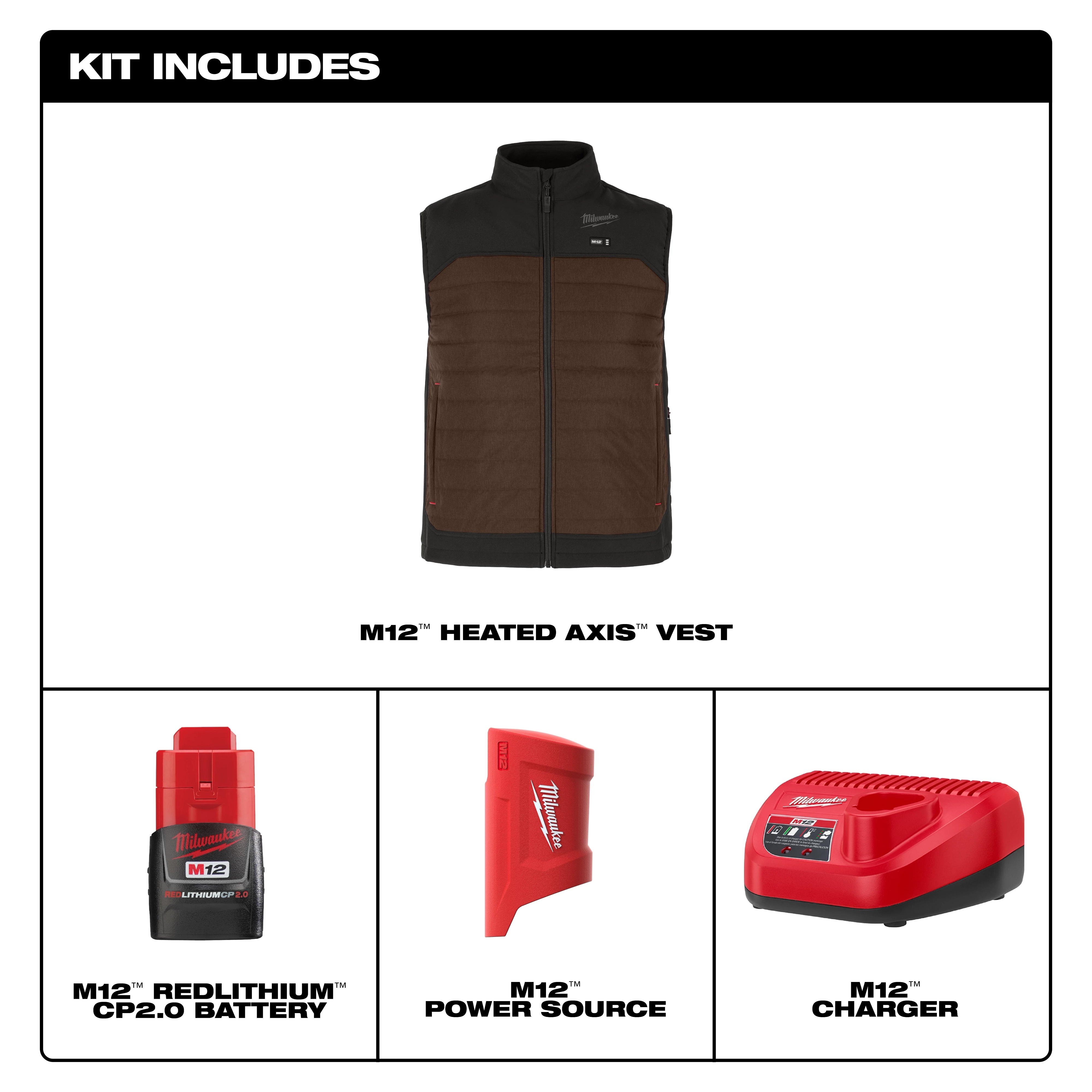 M12 Heated AXIS Jacket kit includes a heated vest, M12 CP2.0 battery, M12 power source, and M12 charger.