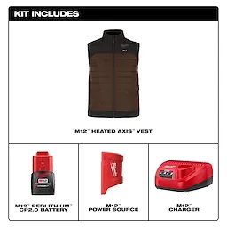 M12 Heated AXIS Jacket kit includes a heated vest, M12 CP2.0 battery, M12 power source, and M12 charger.