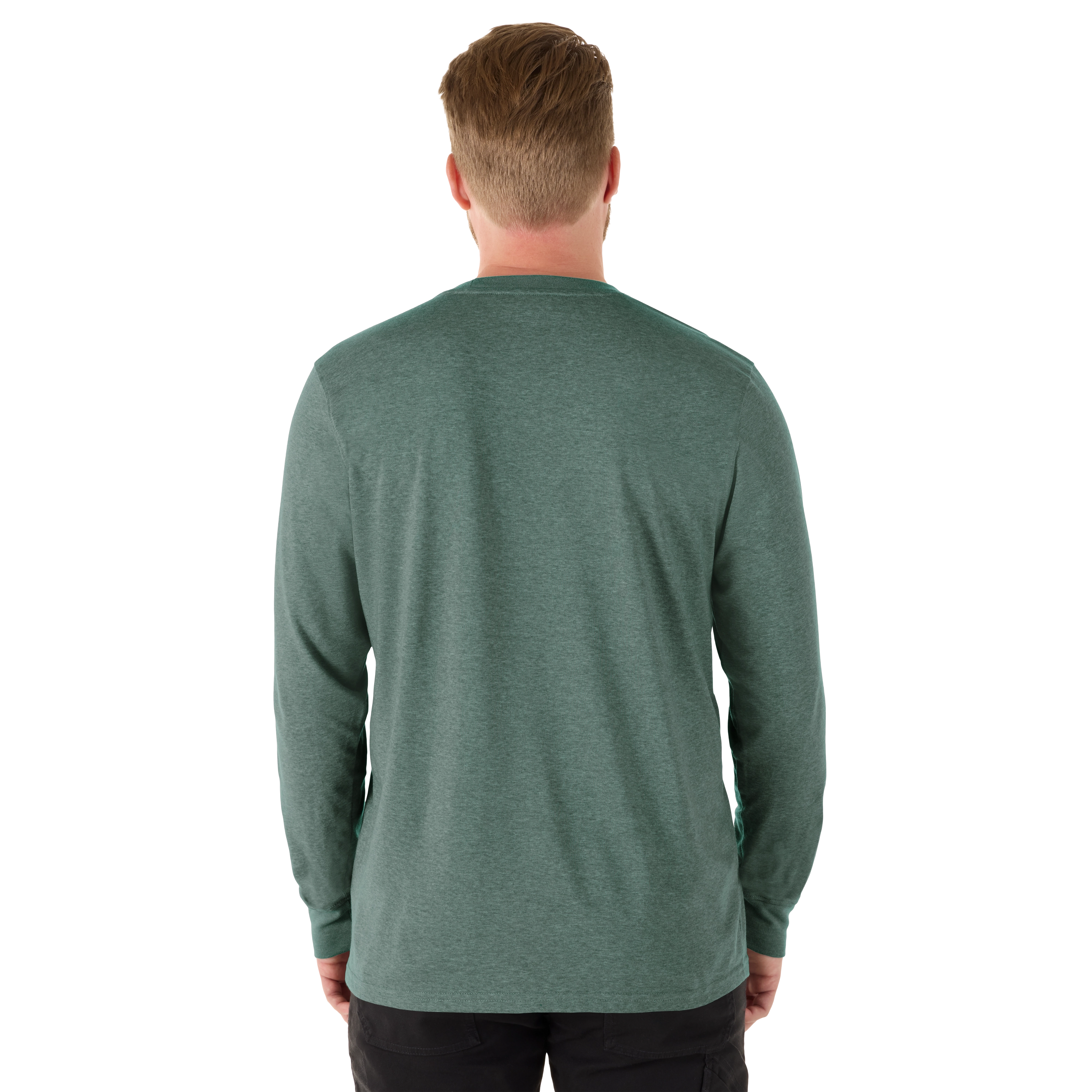 A person is shown from the back wearing a FREEFLEX Hybrid Work Tee - Long Sleeve in green. The shirt features a simple design with a crew neckline and long sleeves.