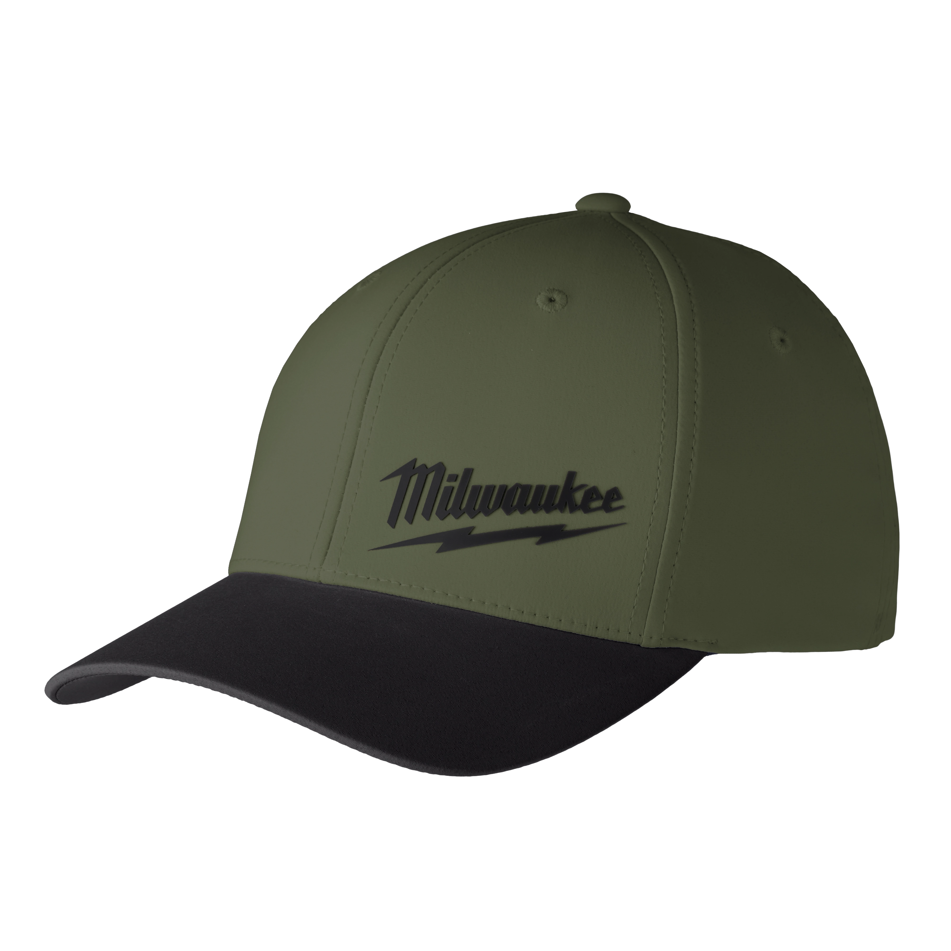 Green and black WORKSKIN Performance Fitted Hat with a curved brim. Features Milwaukee logo in black on the front panel.