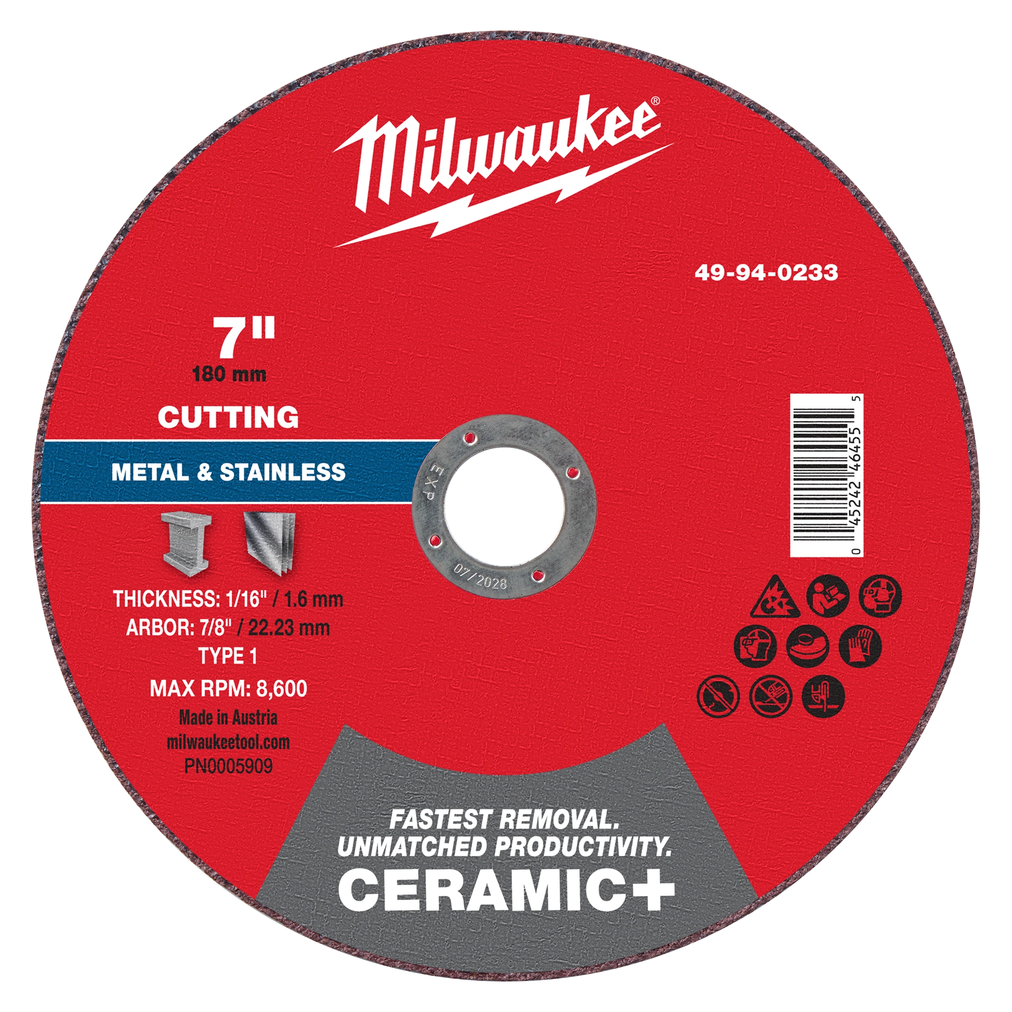 7" x 1/16" x 7/8" Ceramic+ Metal Cut Off Wheel - Type 1 for cutting metal and stainless, max RPM 8,600, red-colored.