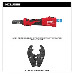 The image features the M18™ FORCE LOGIC™ 6T Linear Utility Crimper with O-D3 Jaw. The crimper is red and black with a wireless connectivity indicator, accompanied by a close-up of the 6T O-D3 crimping jaw.