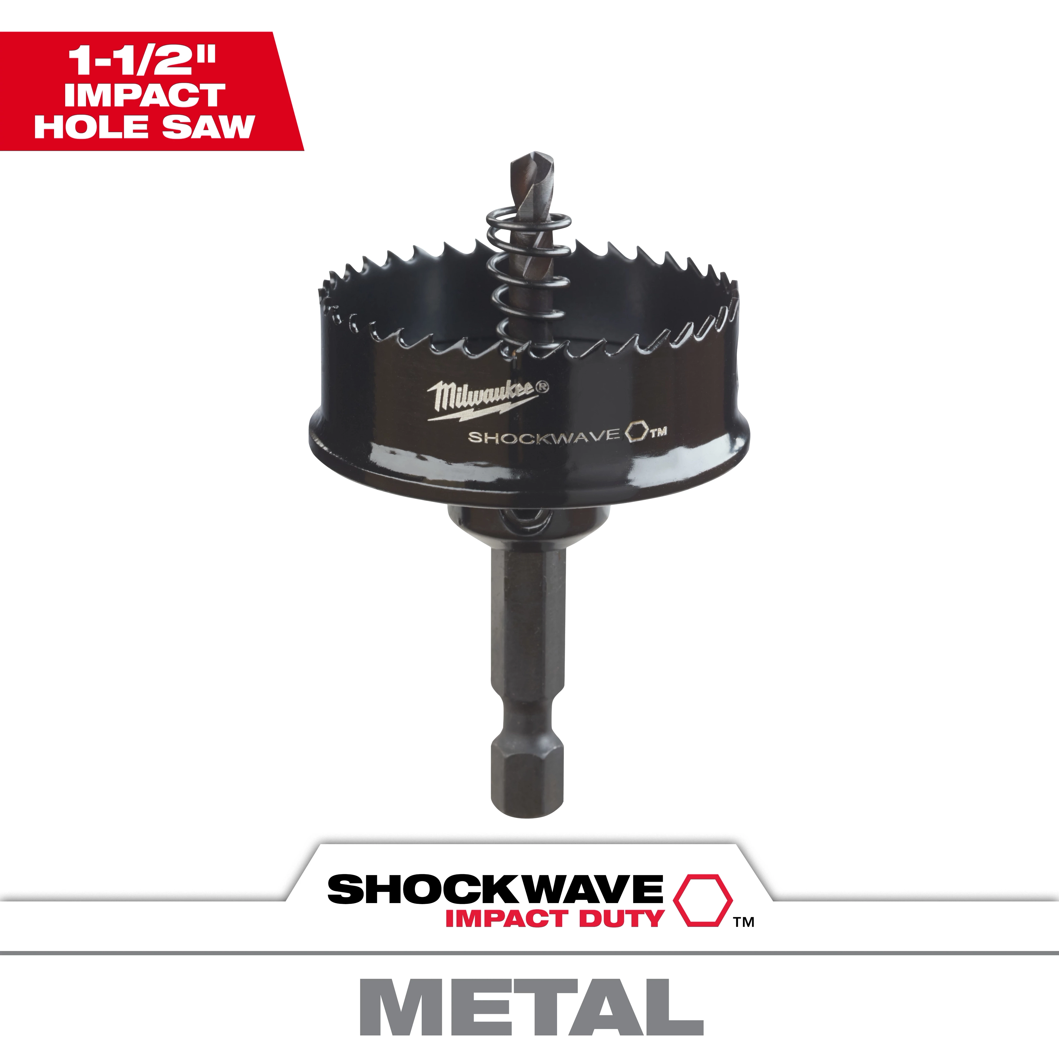 1-1/2" Impact SHOCKWAVE Hole Saw featuring a black, toothed cutting head with a spiral drill bit, designed for metal.