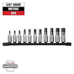 Image of a set of 12 metric hex bit sockets on a black rail, ranging from sizes 3 to 12. The top left corner has text reading "3/8" Drive Metric Hex" in black, white, and red. The bottom left corner has a "Lifetime Guarantee" badge.