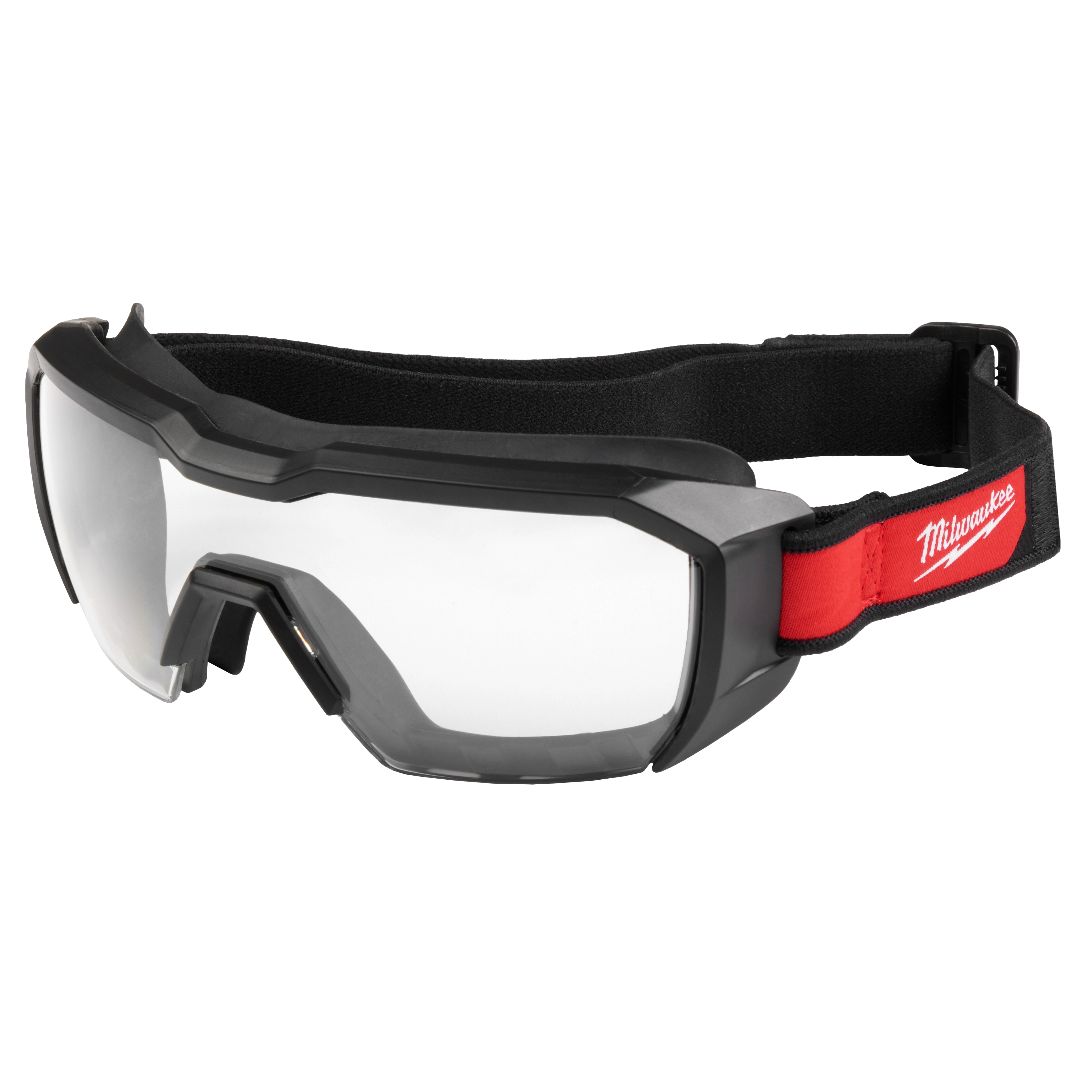 Vented Low-Profile Goggles with Clear Dual Coat Lens featuring a black frame and an adjustable strap with a red accent.