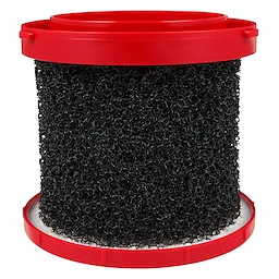 The Wet Foam Filter is a cylindrical black foam filter with a porous texture, encased in round red plastic frames on the top and bottom. It is designed for filtering wet materials.