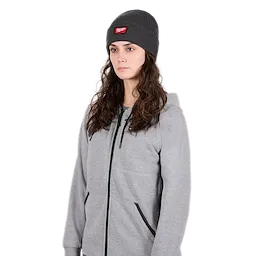 Image of a woman wearing the Milwaukee Rib-Knit Cuffed Beanie in gray