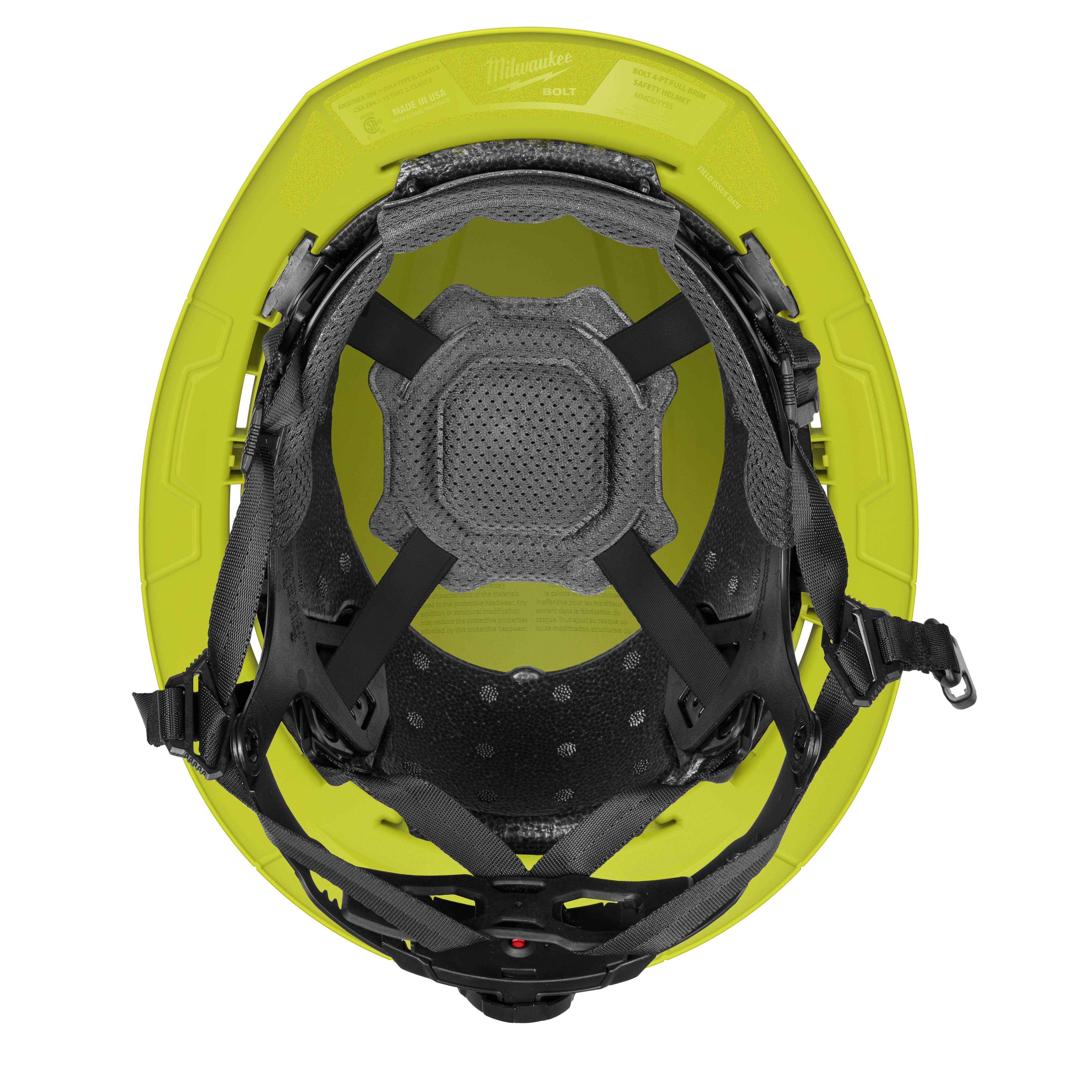 Milwaukee Bolt safety helmet in yellow, shown from the inside, features adjustable black straps, foam padding, and a red Milwaukee label. The helmet is designed for comfort and protection in construction and industrial environments.