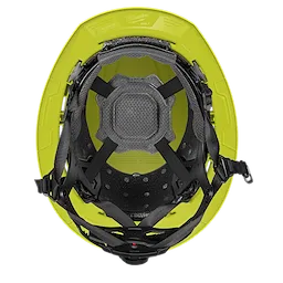 Milwaukee Bolt safety helmet in yellow, shown from the inside, features adjustable black straps, foam padding, and a red Milwaukee label. The helmet is designed for comfort and protection in construction and industrial environments.