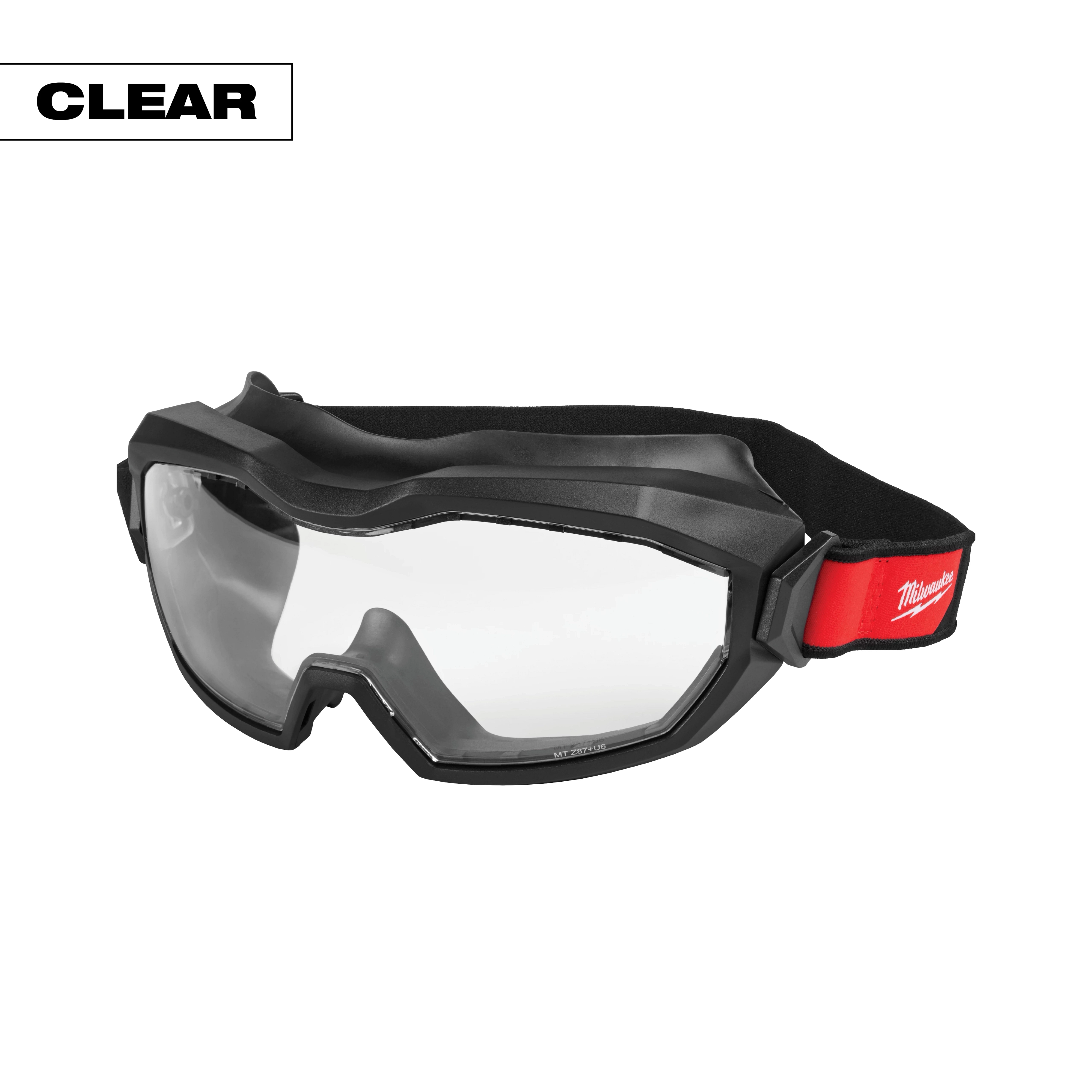 Vented Goggles - Clear Dual Coat Lens in black frame with a red and black adjustable strap. "CLEAR" text is at the top left.