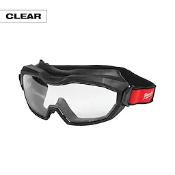 Vented Goggles - Clear Dual Coat Lens in black frame with a red and black adjustable strap. "CLEAR" text is at the top left.