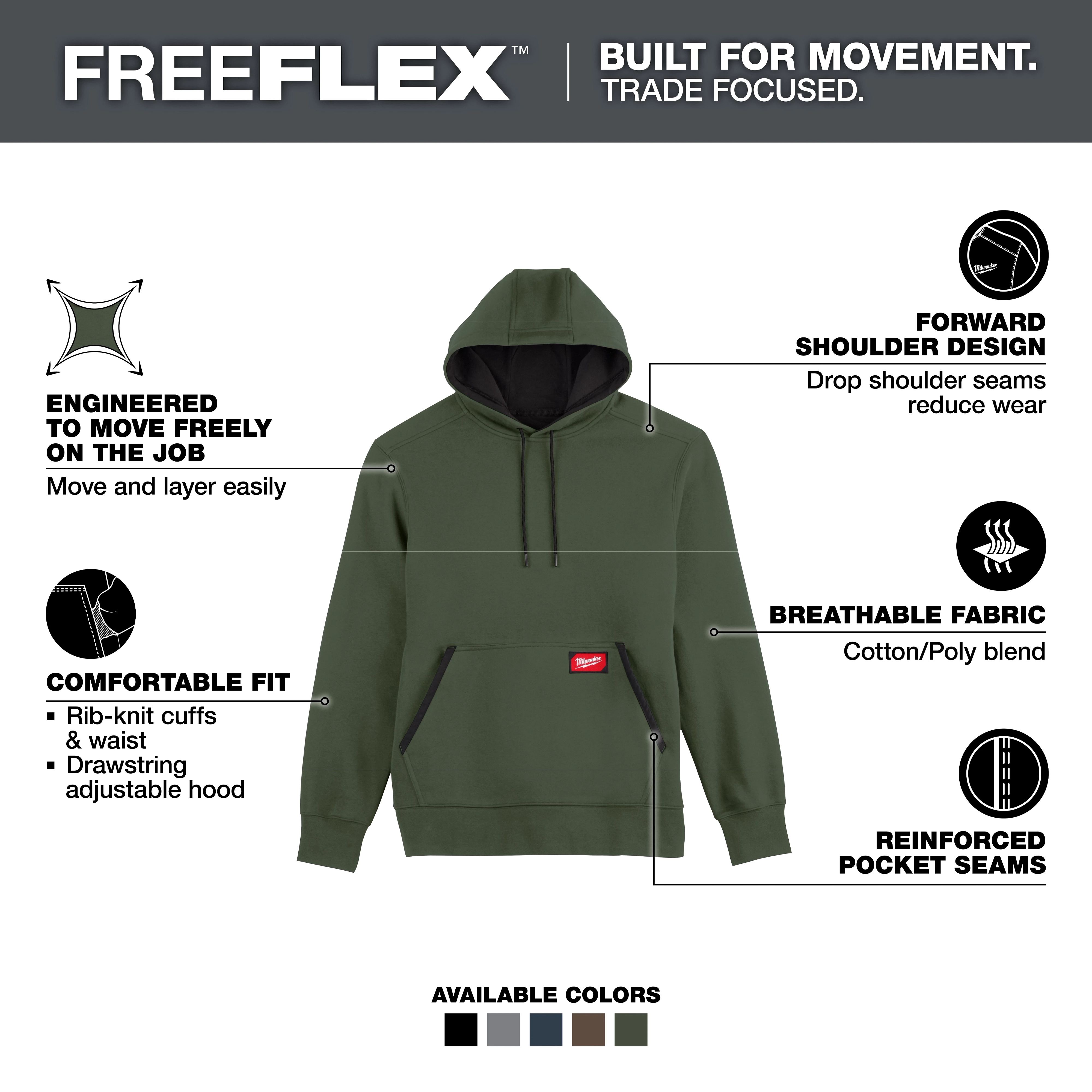 FREEFLEX Pullover Hoodie displayed front-facing with drawstring hood, kangaroo pocket, and text callouts around it.