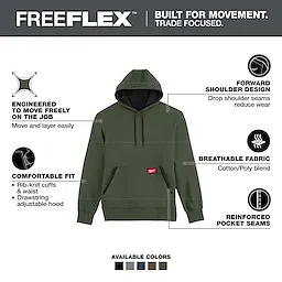 FREEFLEX Pullover Hoodie displayed front-facing with drawstring hood, kangaroo pocket, and text callouts around it.