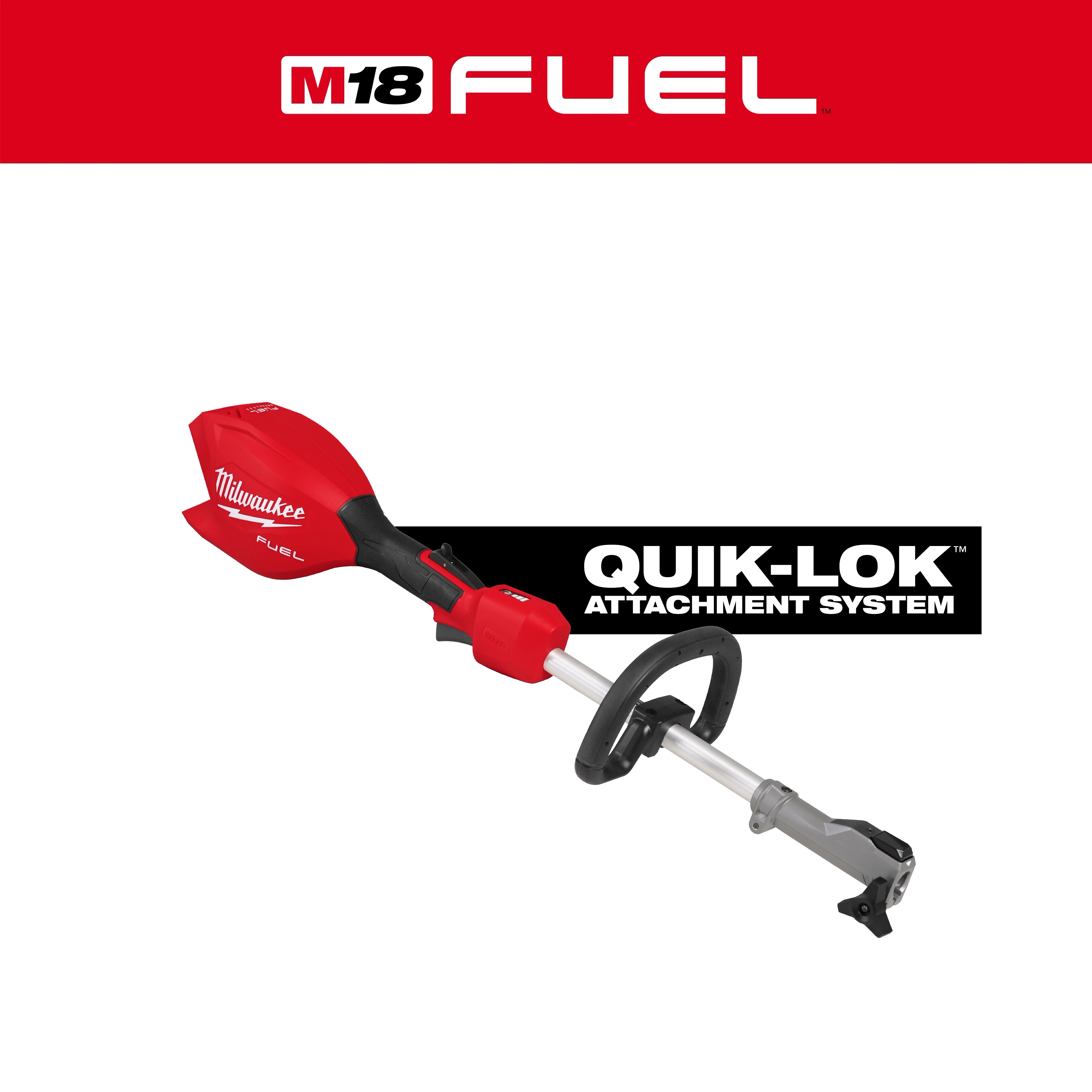 M18 FUEL QUIK-LOK Power Head with handle and attachment system text on a plain background.