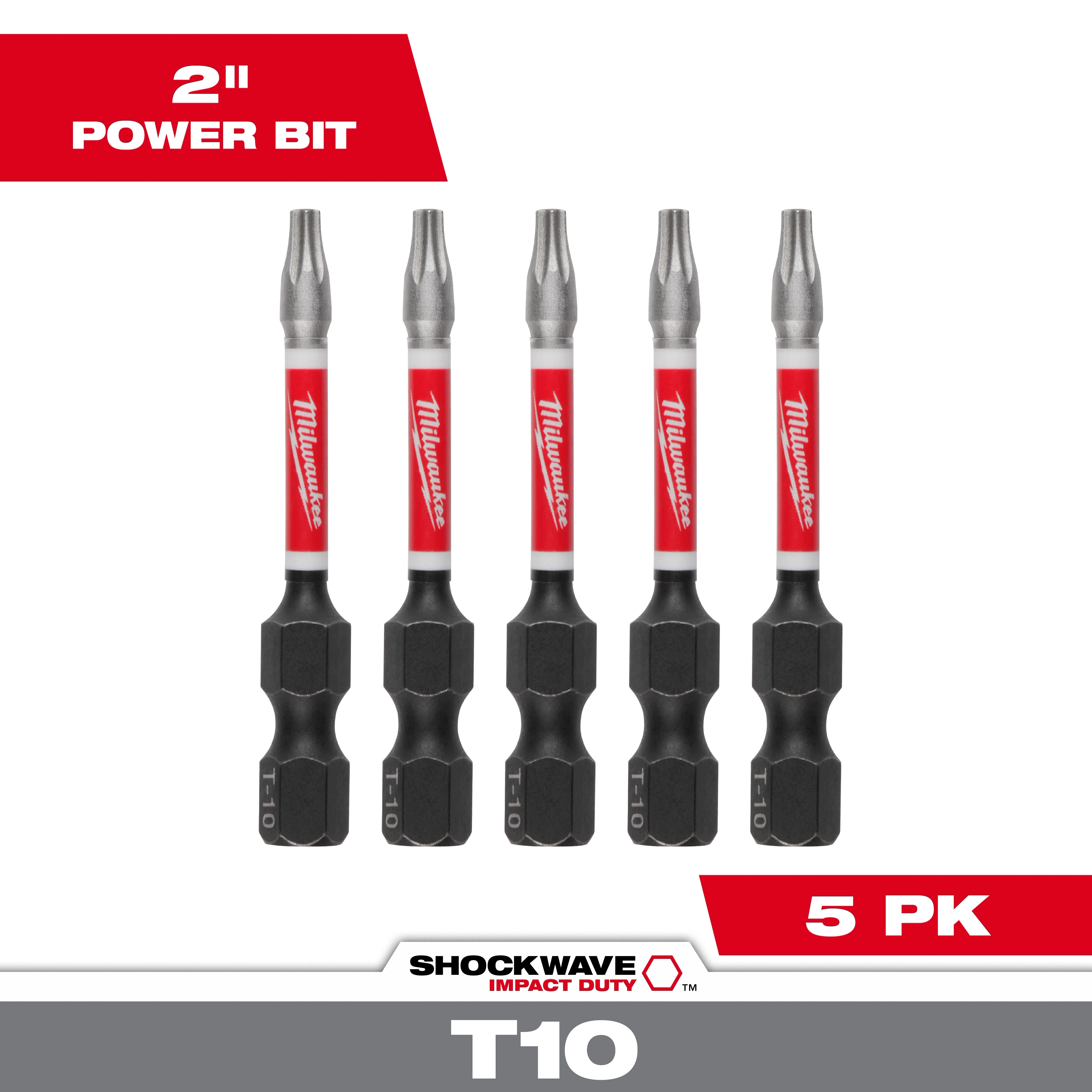 The image shows five SHOCKWAVE™ 2" Impact TORX® T10 Power Bits in a pack. The bits have a red and silver design with black ends. The package indicates it contains 5 PK and promotes durability for impact duty.