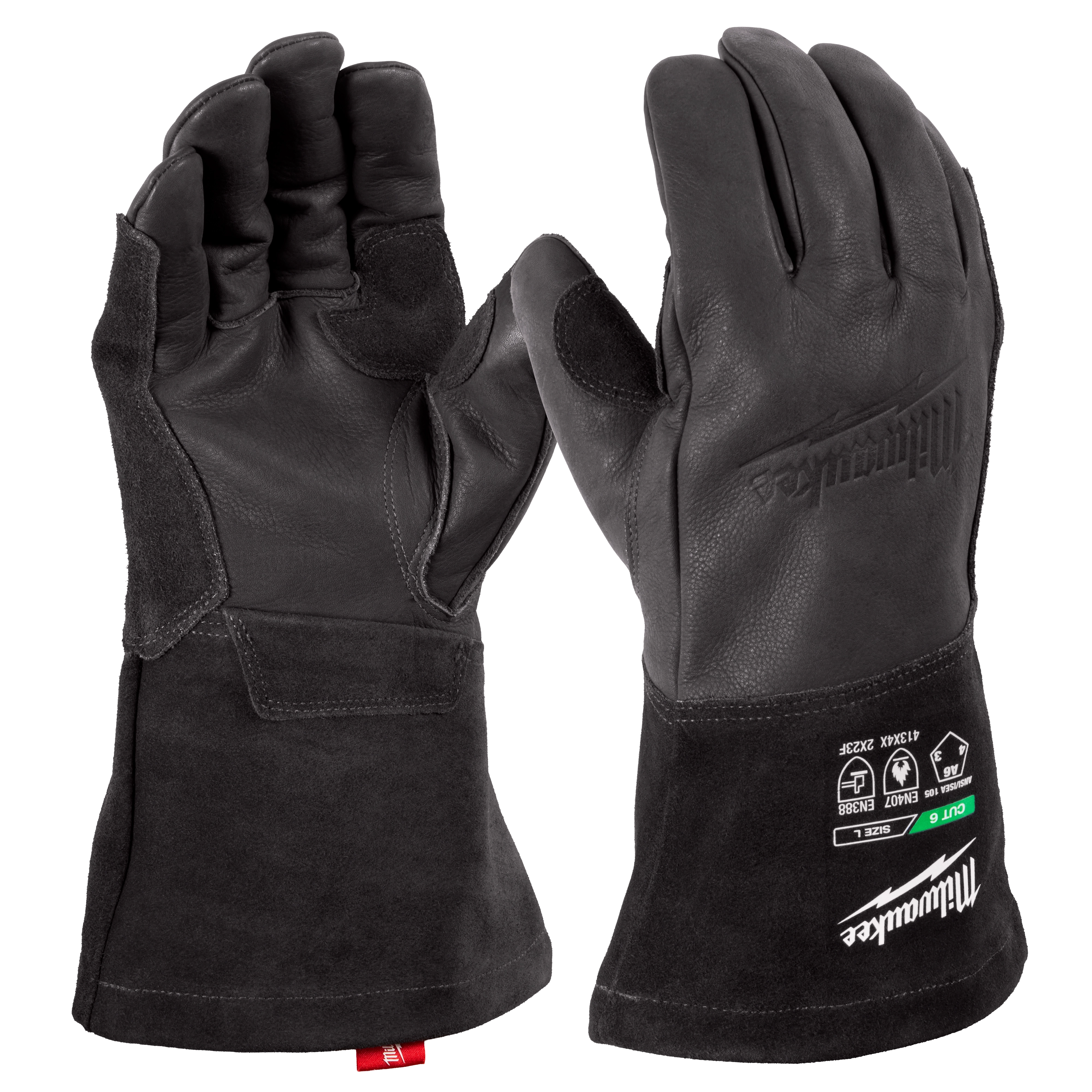 Cut Level 6 Cowhide Leather MIG Welding Gloves - S/M/L/XL/XXL shown upright, displaying palm and back details.