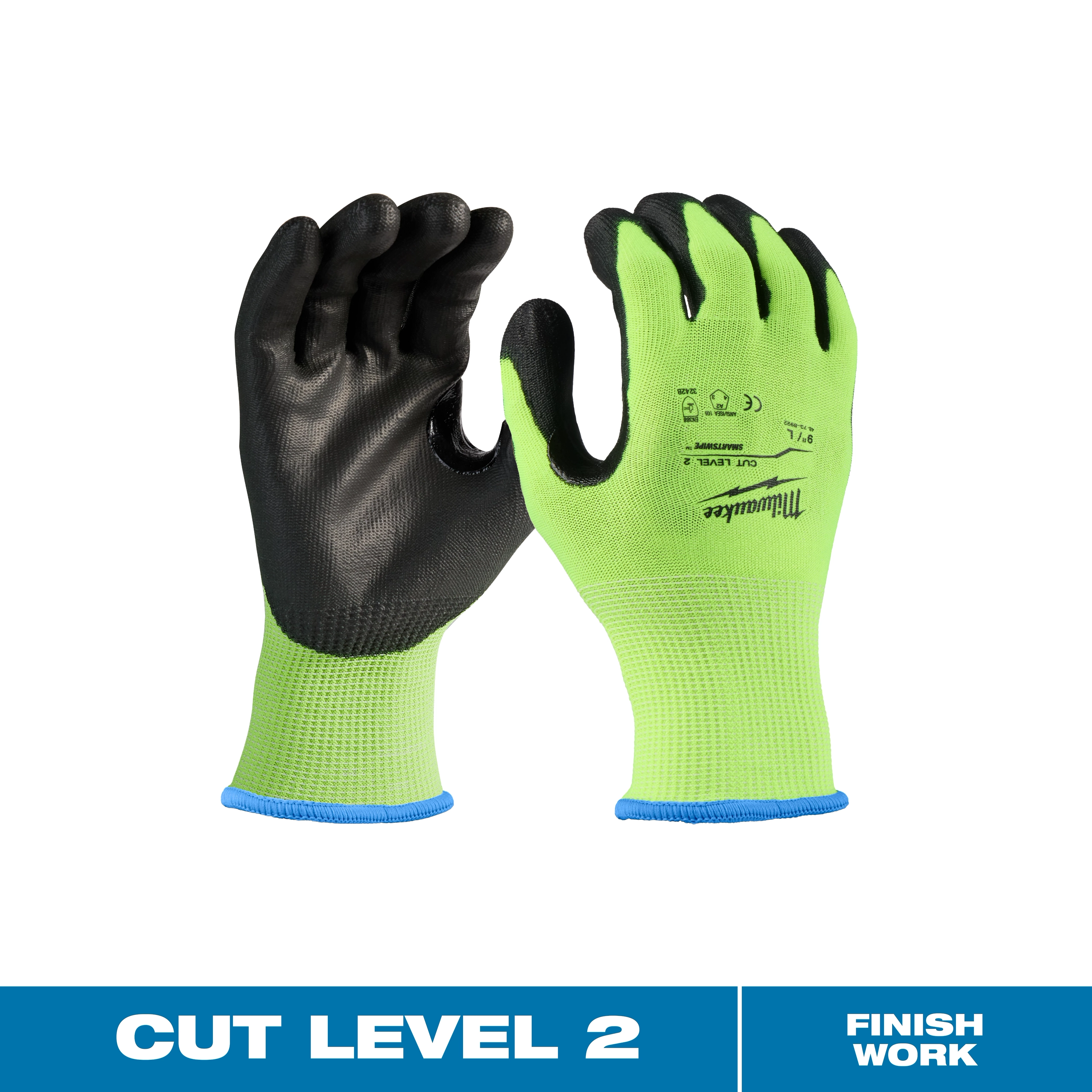 High Visibility Cut Level 2 Polyurethane Dipped Gloves with black palms and text on the backs, shown against a white background.
