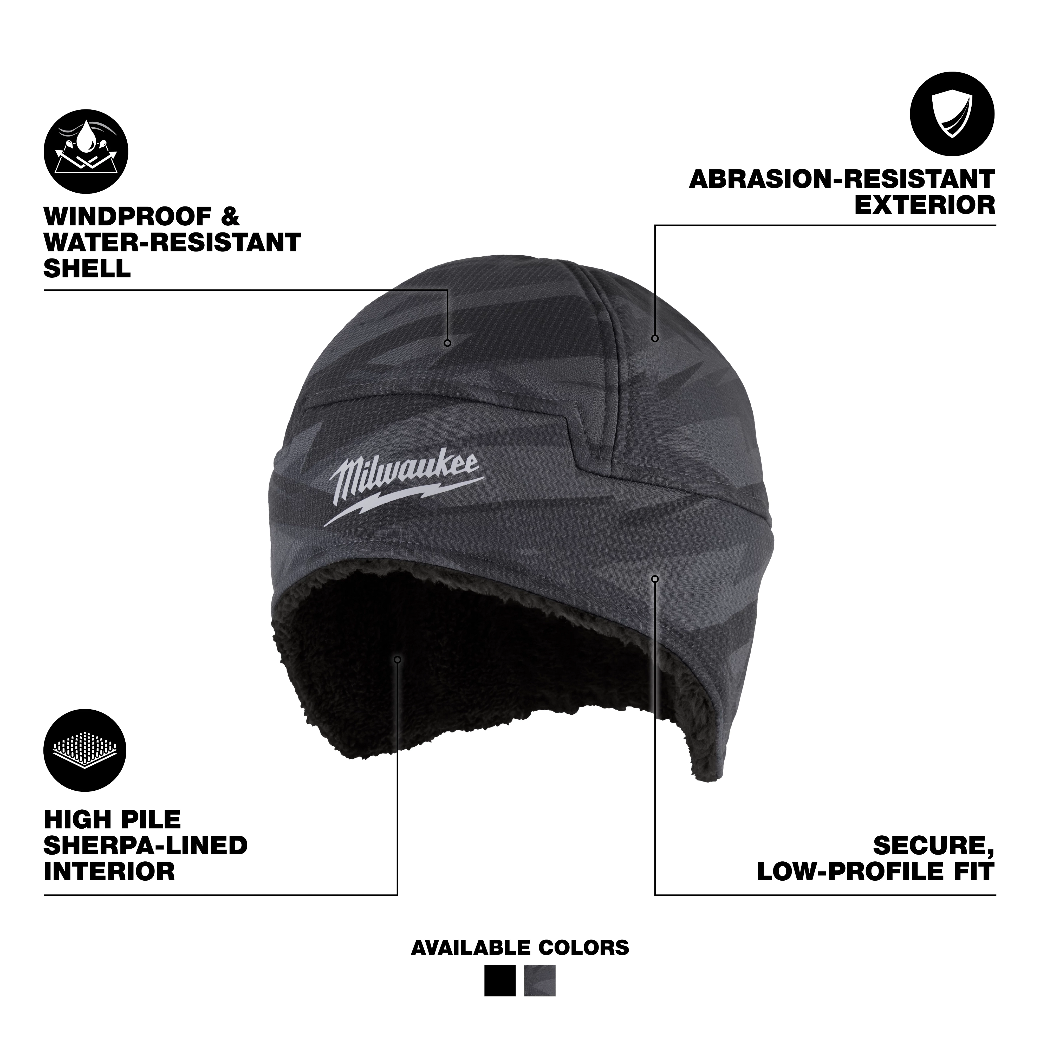 Milwaukee Sherpa-Lined Beanie with textured exterior and soft interior, shown with icons highlighting its features.