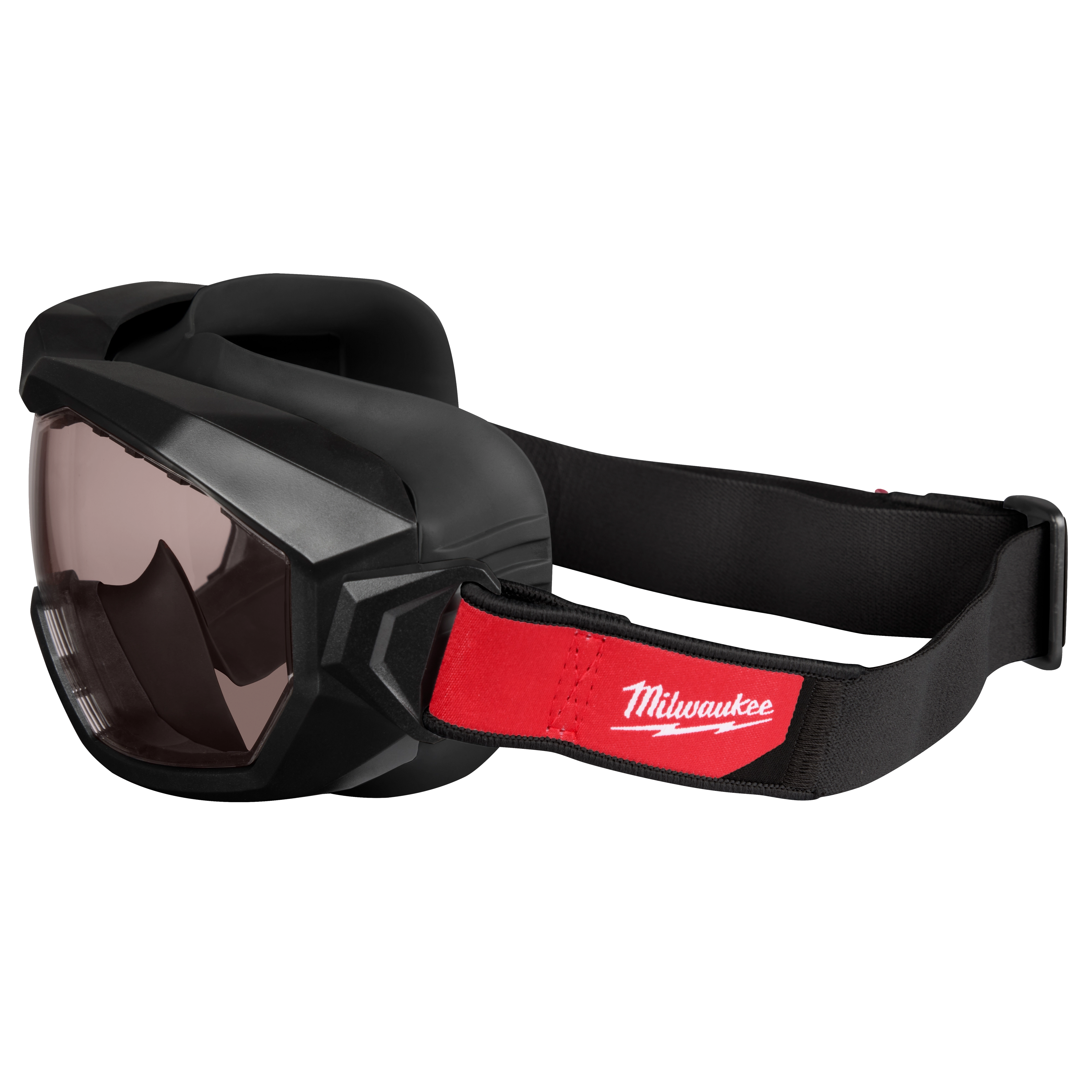 Vented Goggles - Tinted Dual Coat Lens with black frame, tinted lenses, and an adjustable elastic strap featuring a red Milwaukee logo.