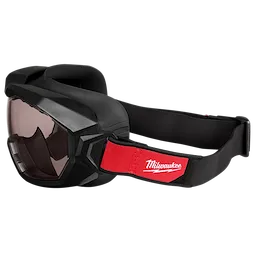 Vented Goggles - Tinted Dual Coat Lens with black frame, tinted lenses, and an adjustable elastic strap featuring a red Milwaukee logo.