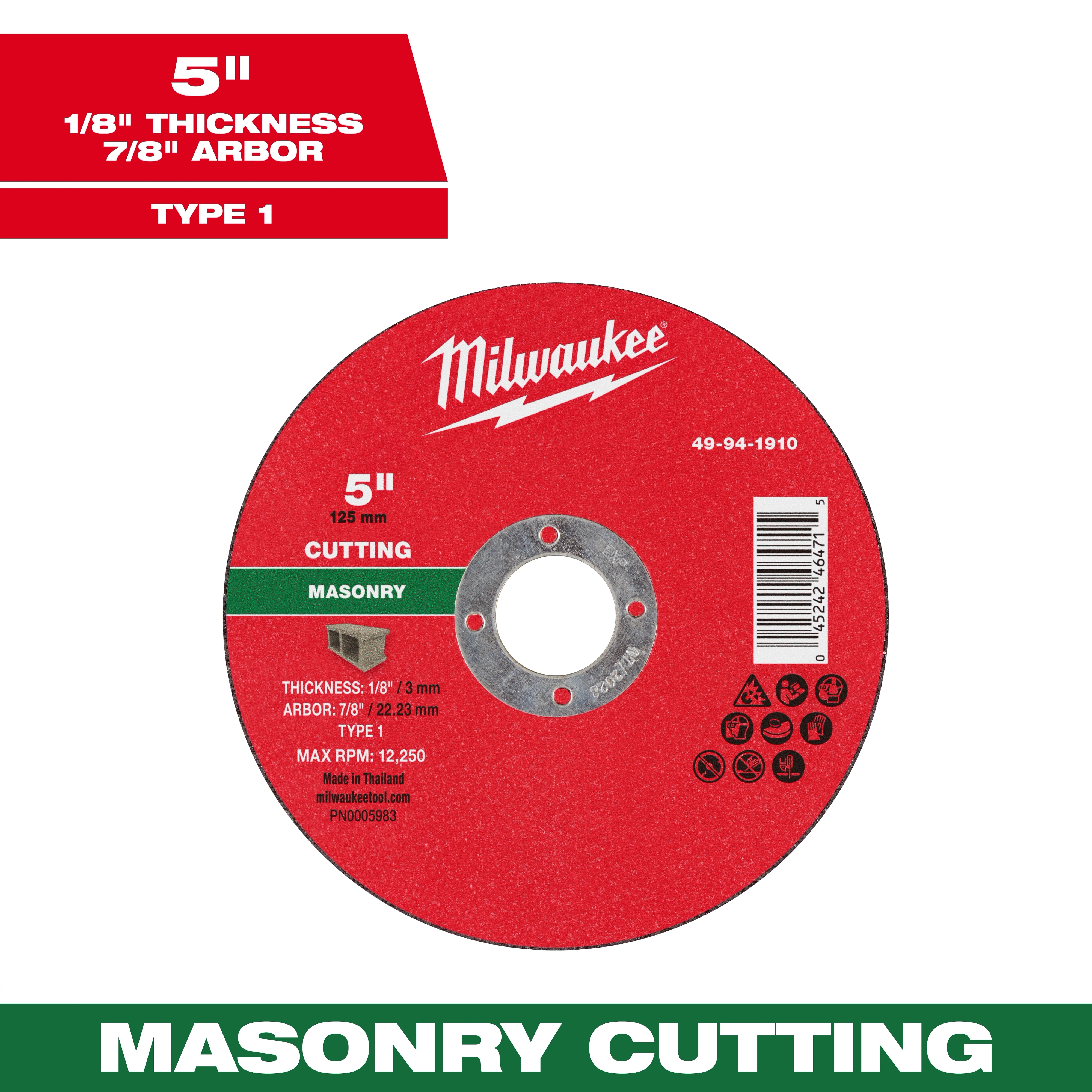 5" x 1/8" x 7/8" Masonry Cut Off Wheel - Type 1 with a red center and labeled for masonry cutting, max RPM 12,250.