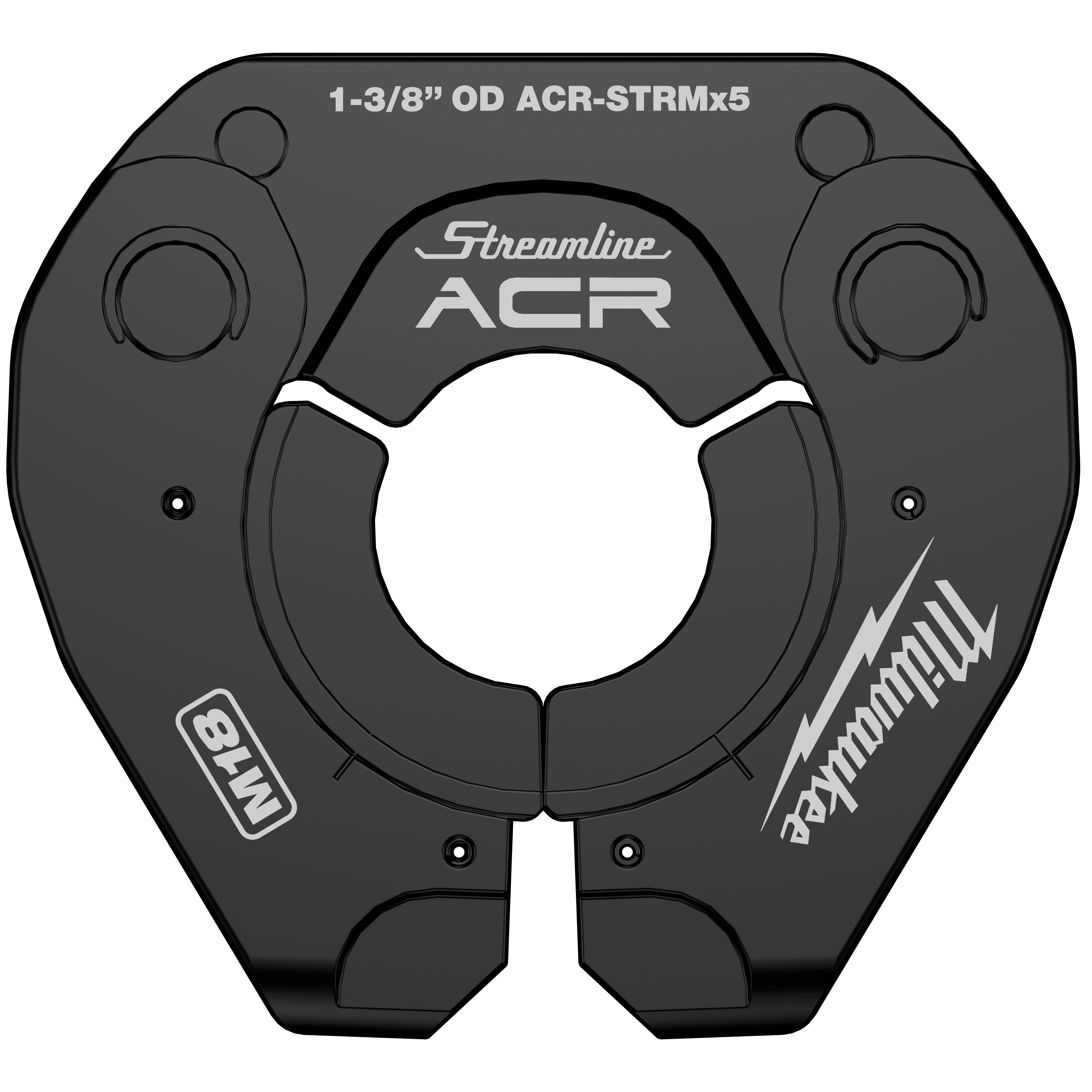 1-3/8" Streamline® ACR Pivoting Press Ring is a black pressing tool accessory designed for Milwaukee equipment. It features labels such as "Streamline ACR," "Milwaukee," and "M18." The ring has a circular central opening with pivoting mechanisms surrounding it for efficient pipe and tubing pressing.