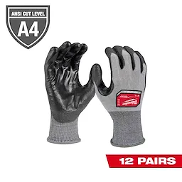 Gray and black gloves, model numbers 48-73-8740B through 48-73-8744B, ANSI cut level A4. Sold in packs of 12 pairs.