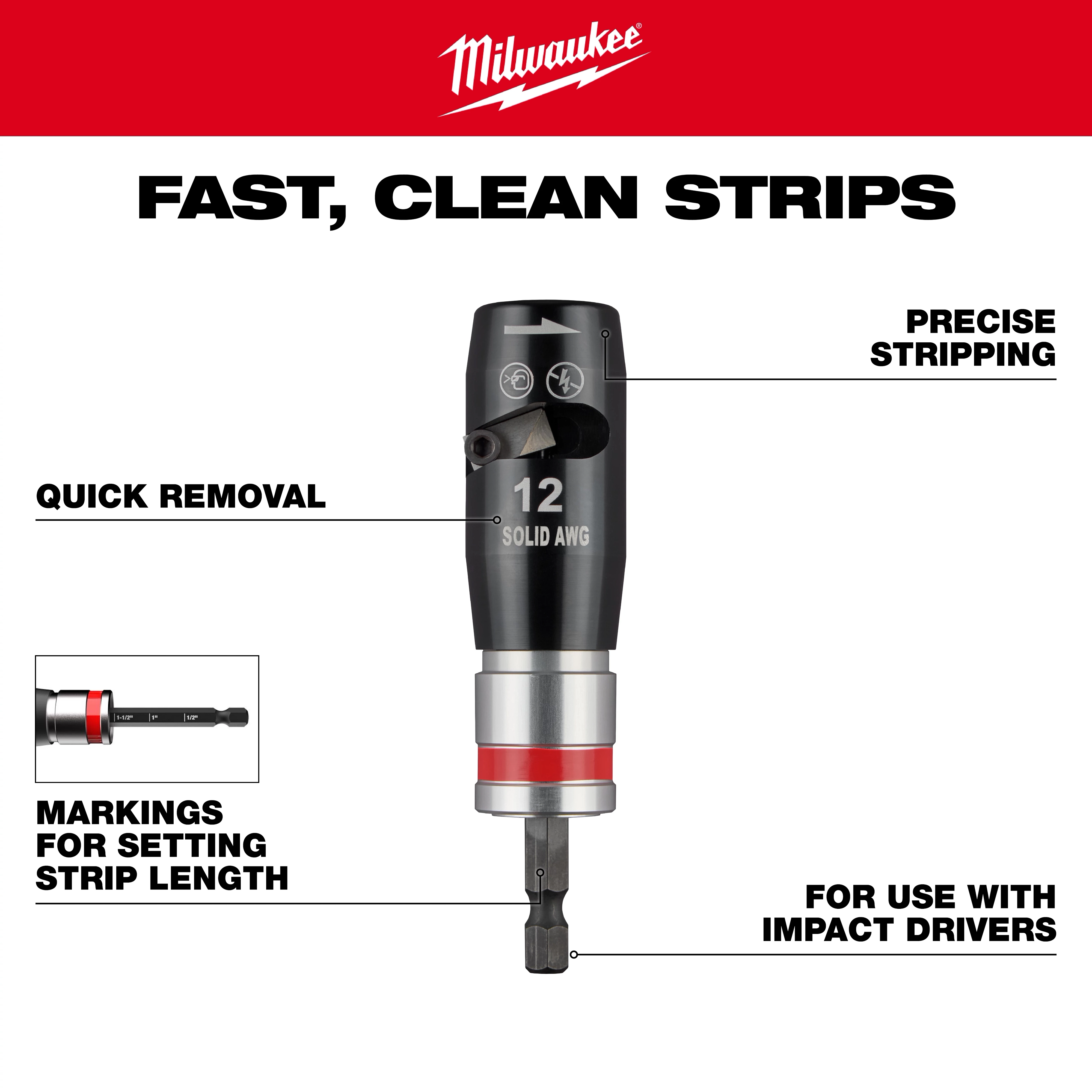 AWG Solid Wire Stripper for precise stripping and quick removal, compatible with impact drivers. Features include adjustable markings for setting strip length and the ability to strip 12-gauge solid wire.