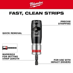 AWG Solid Wire Stripper for precise stripping and quick removal, compatible with impact drivers. Features include adjustable markings for setting strip length and the ability to strip 12-gauge solid wire.
