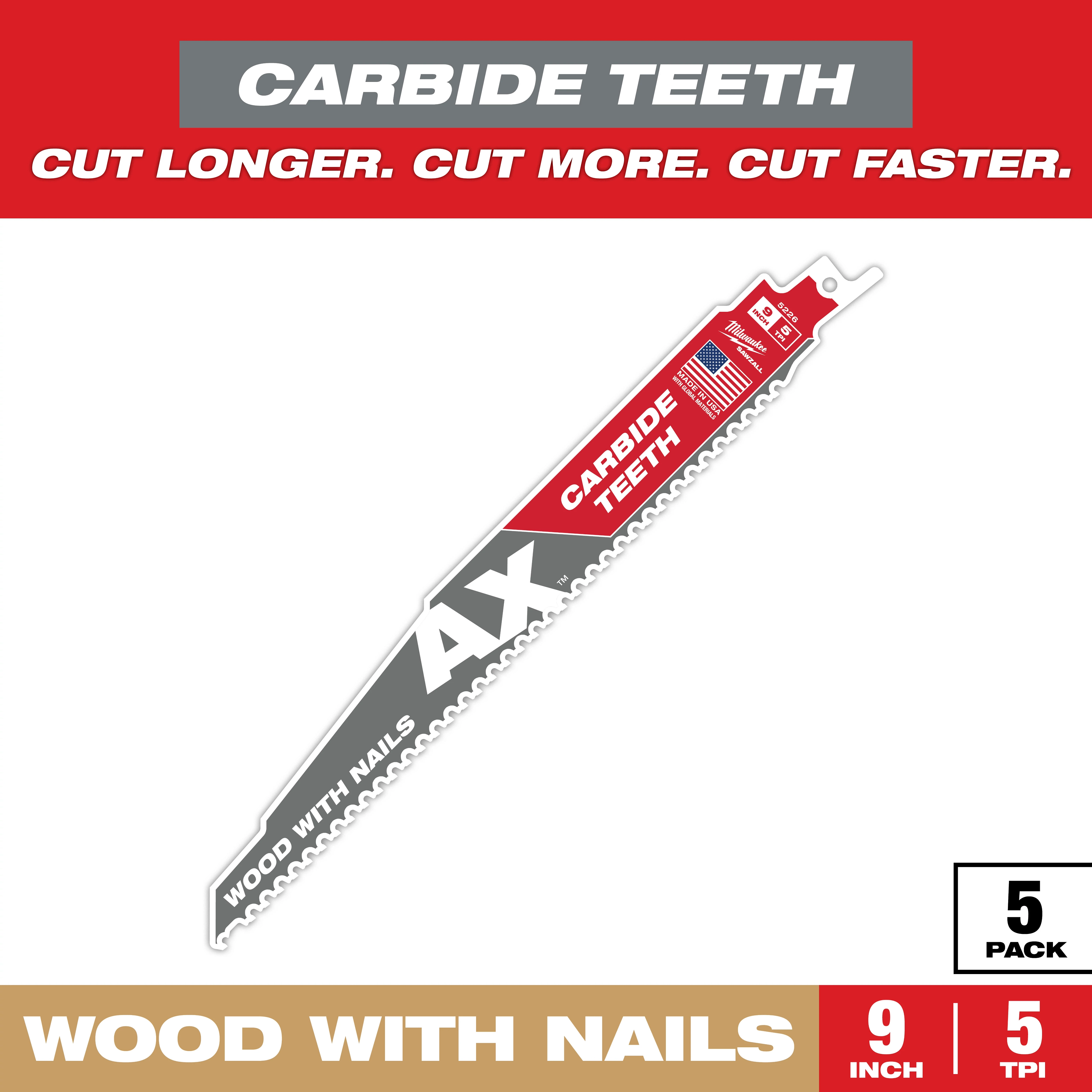 Sawzall Bi-Metal Carbide Primary blade set with "carbide teeth" for cutting wood with nails. Includes five 9-inch, 5 TPI blades, each labeled with "AX" and an American flag icon. Features "Cut Longer. Cut More. Cut Faster.” tagline on red background. Suitable for tough cutting tasks.
