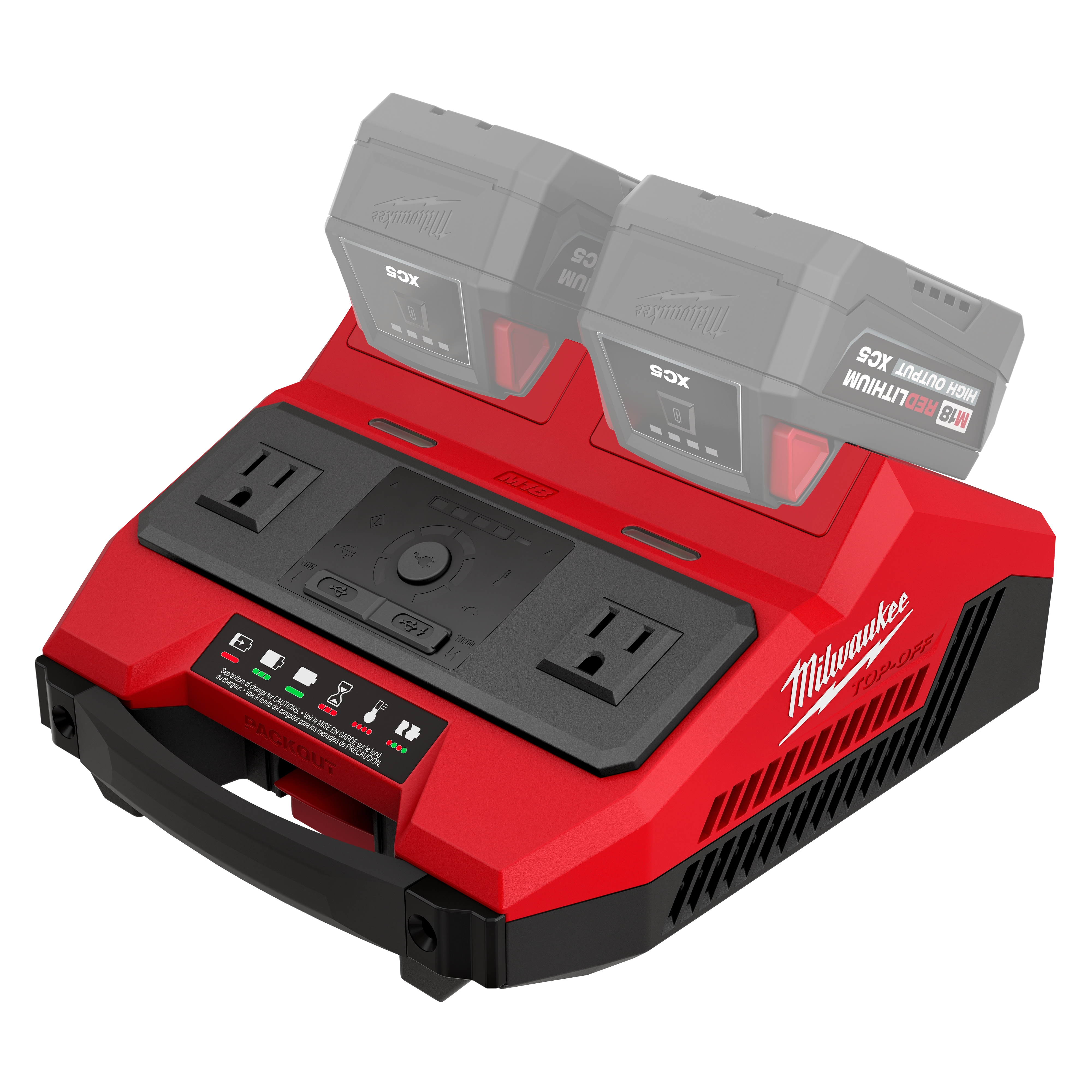 Block Photography image of a red dual-battery charging station with two batteries and power outlets.